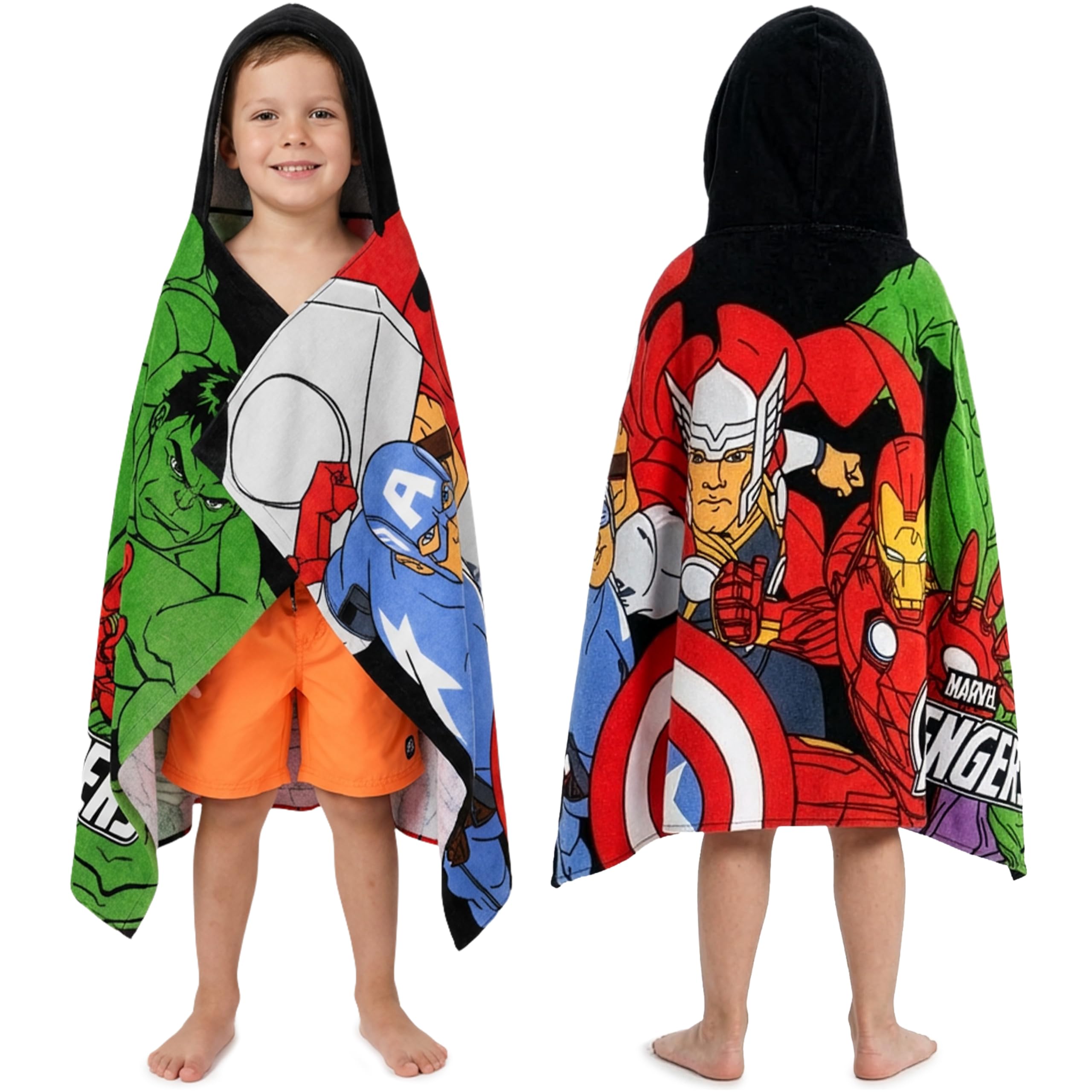 Marvel Avengers Bath Towels With Hood For Boys, Soft Absorbent Cotton Beach Towels, Swimming Pool Hooded Poncho For Kids, Shower Bath Cozy Superhero