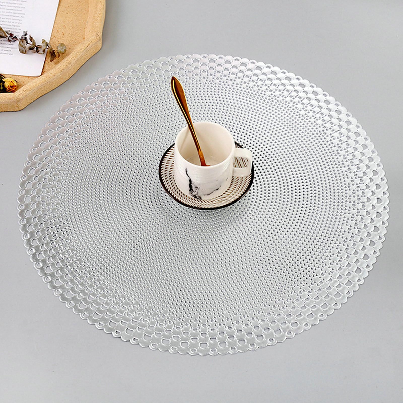 Juego de 10 manteles individuales de cocina redondos, lavables y sencillos, redondos, vacíos, de color liso, manteles individuales de PVC antideslizantes resistentes al calor, color plateado