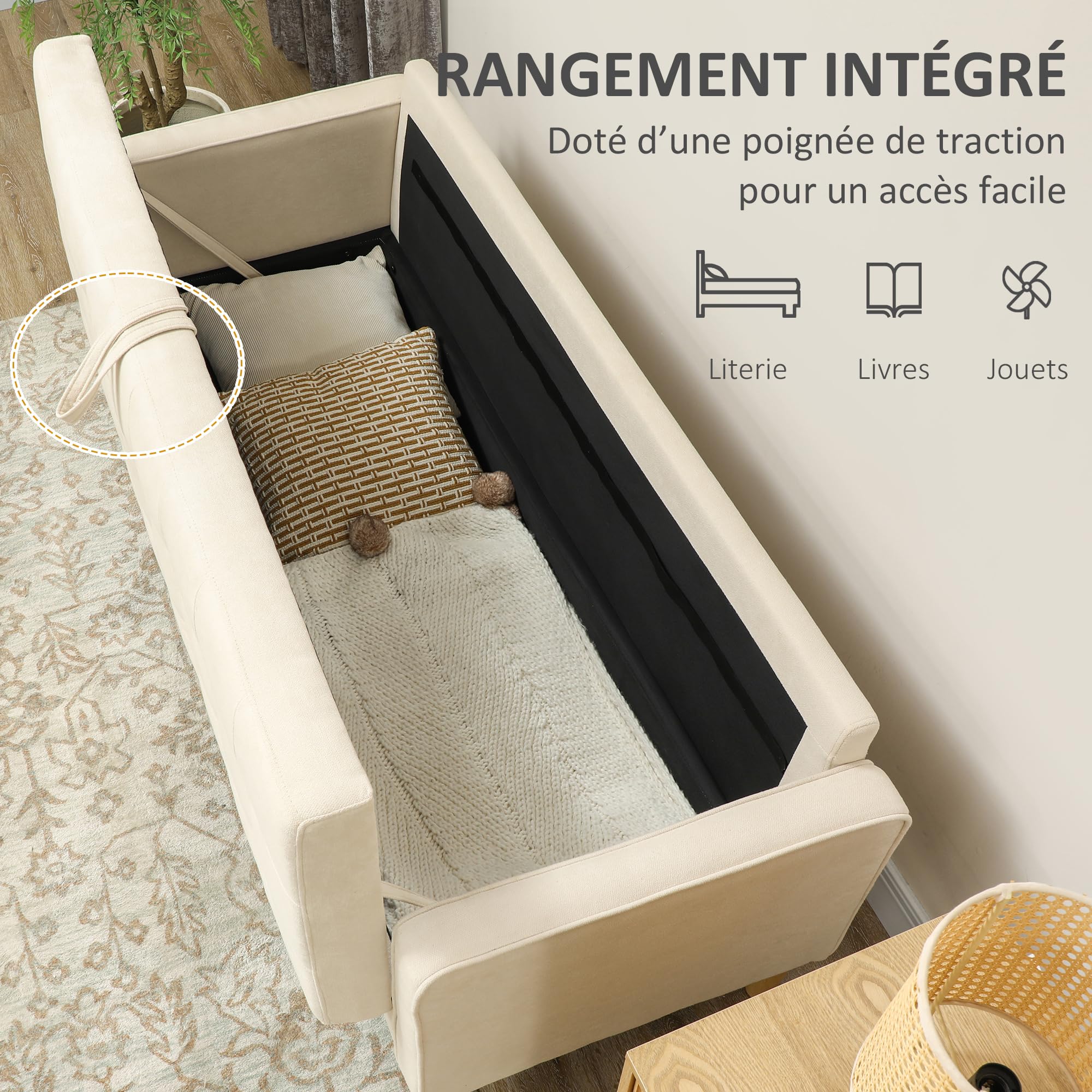 HOMCOM Canapé 3 Places en Flanelle Neige 166,5 cm Rangement Caché Crème