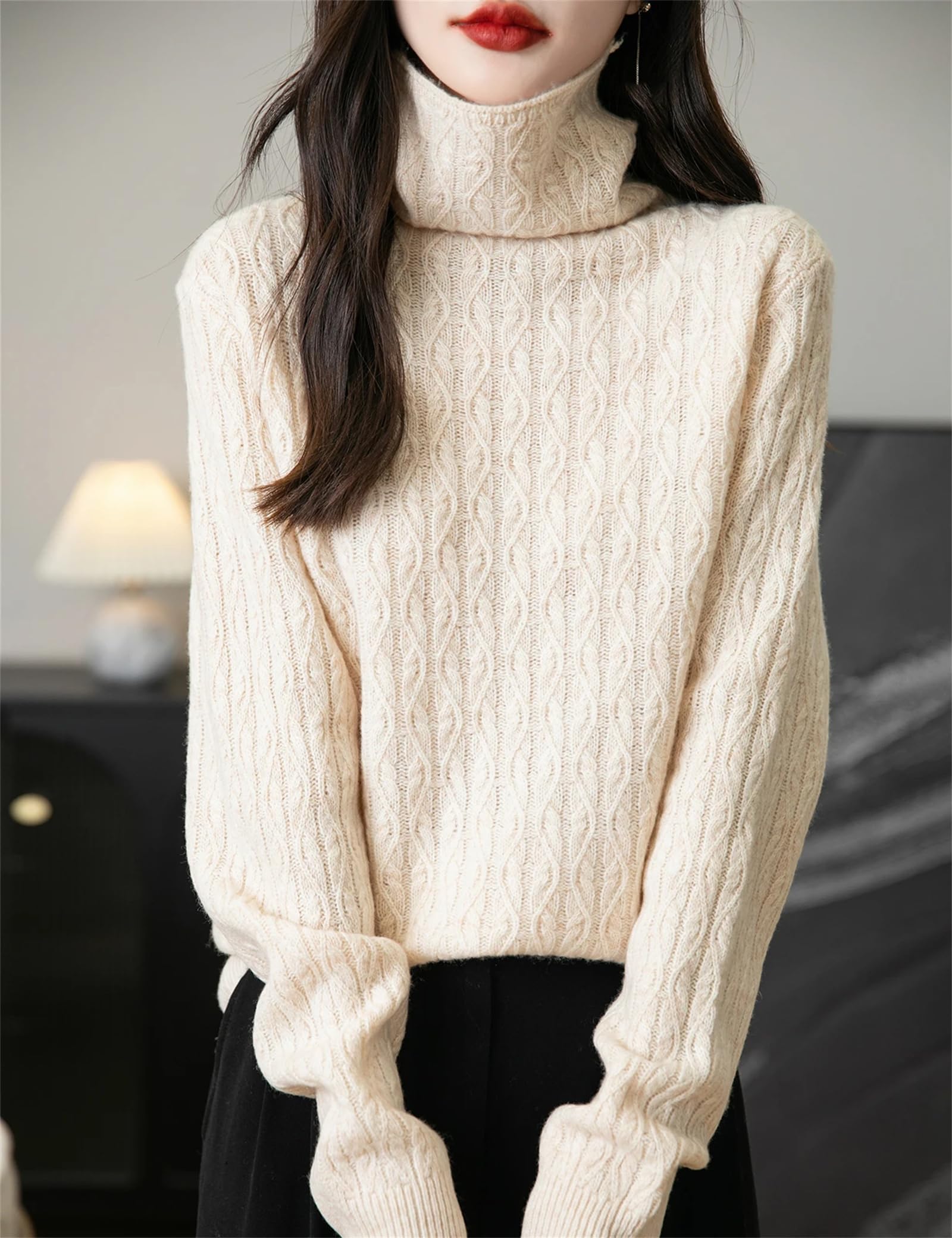 Maglione a collo alto da donna Top Inverno a maniche lunghe Pullover Vintage Knit Maglioni Abbigliamento Femminile