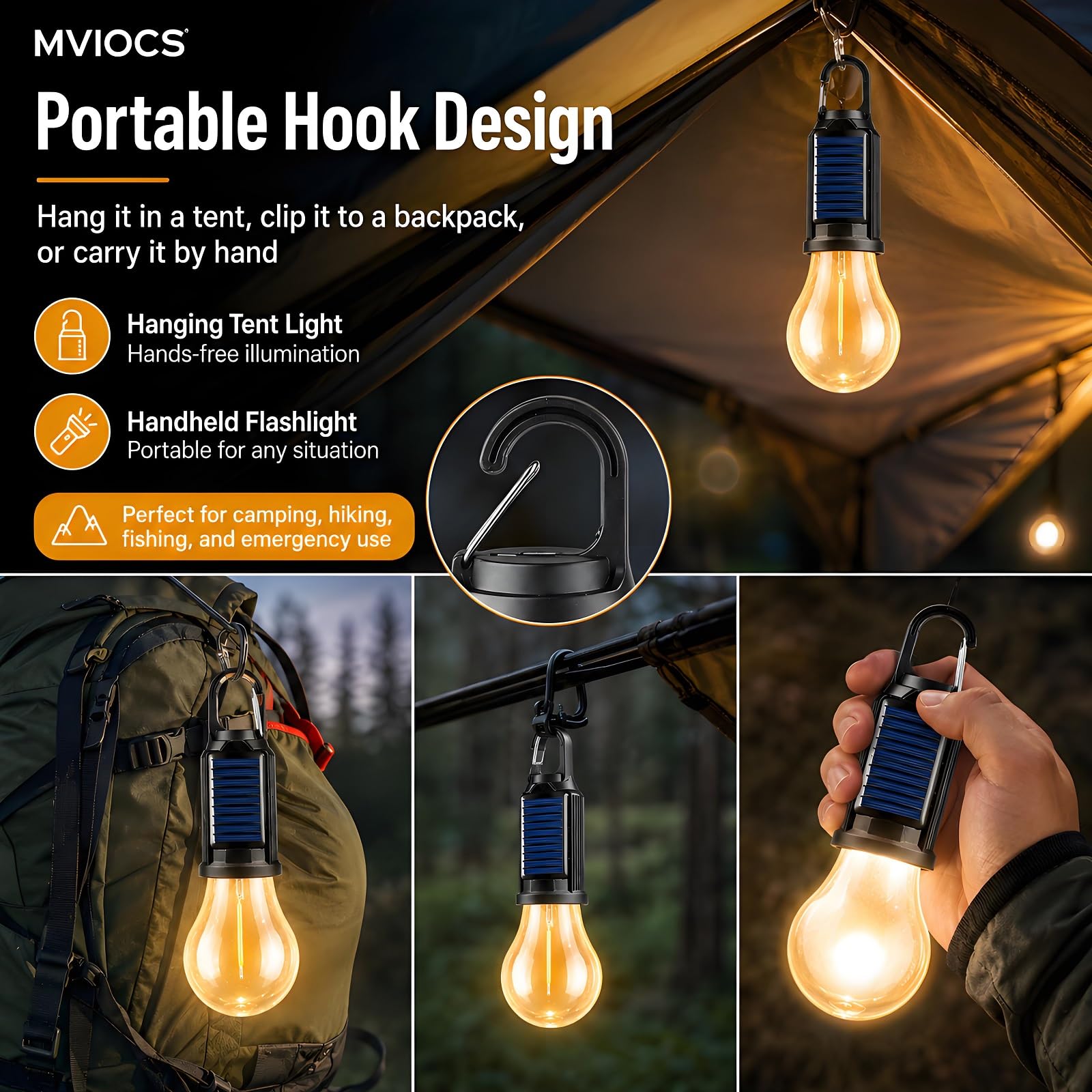 MVIOCS 4 Pack Led Camping Lantern Solar Rechargeable,Outdoor Tent Lights for Camping Essentials, Hanging Light Bulbs with Clip Hook Camping Flashlight : Sports & Outdoors