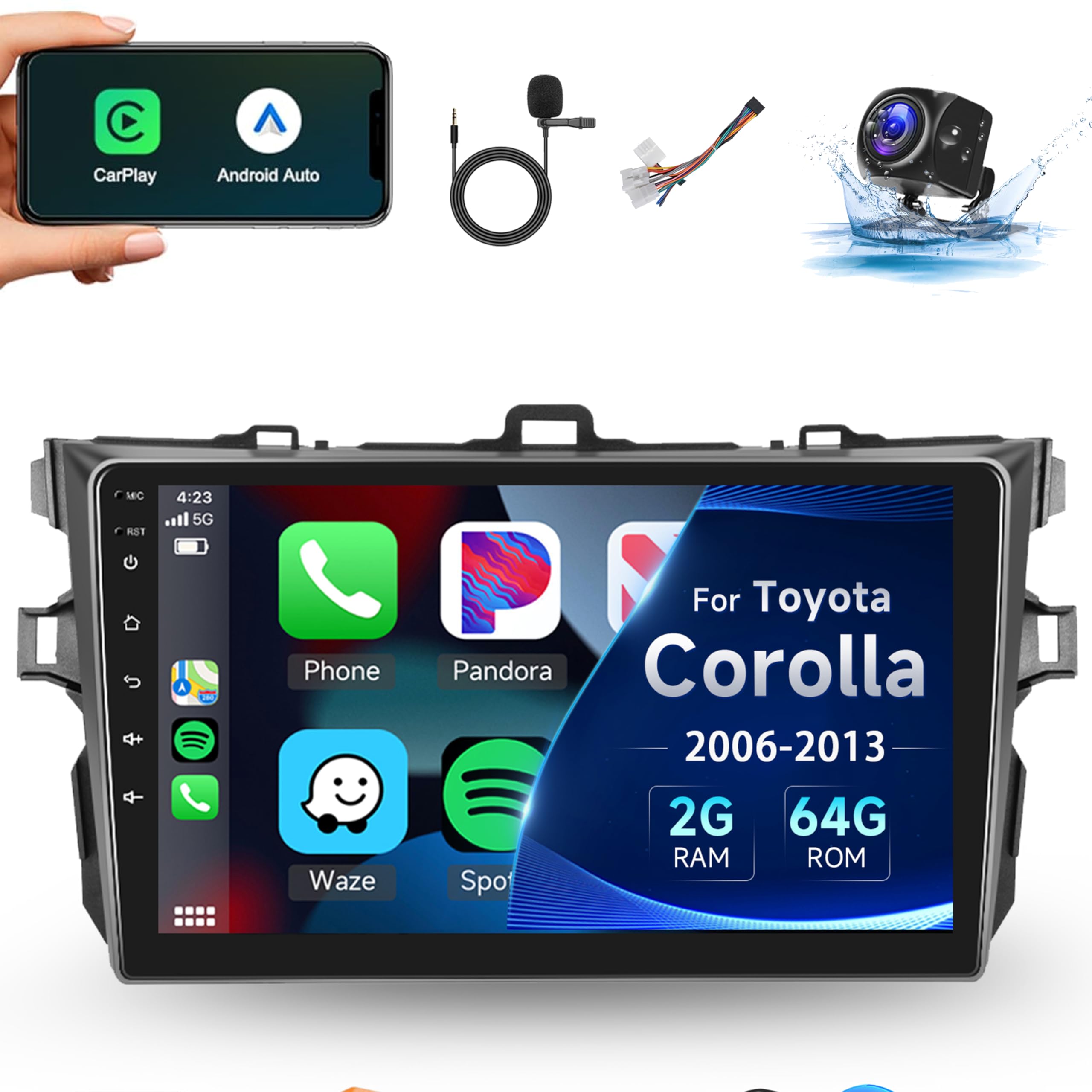 (2+64G)- for Toyota Corolla 2006-2013 Car Radio with Wireless Carplay/Android Auto,Android Car Stereo 9inch Touch Screen GPS Navigation WiFi Bluetooth FM/RDS Mirror Link SWC Backup Camera