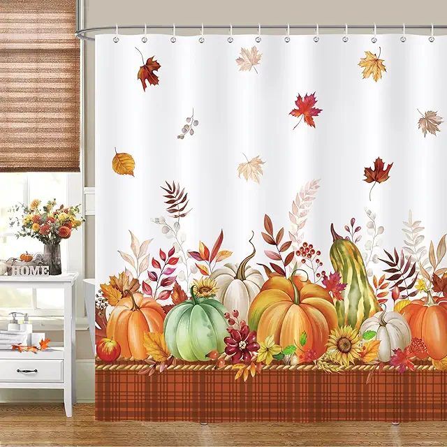 Bonhause Fall Pumpkin Plaid Shower Curtain - Waterproof Autumn Design