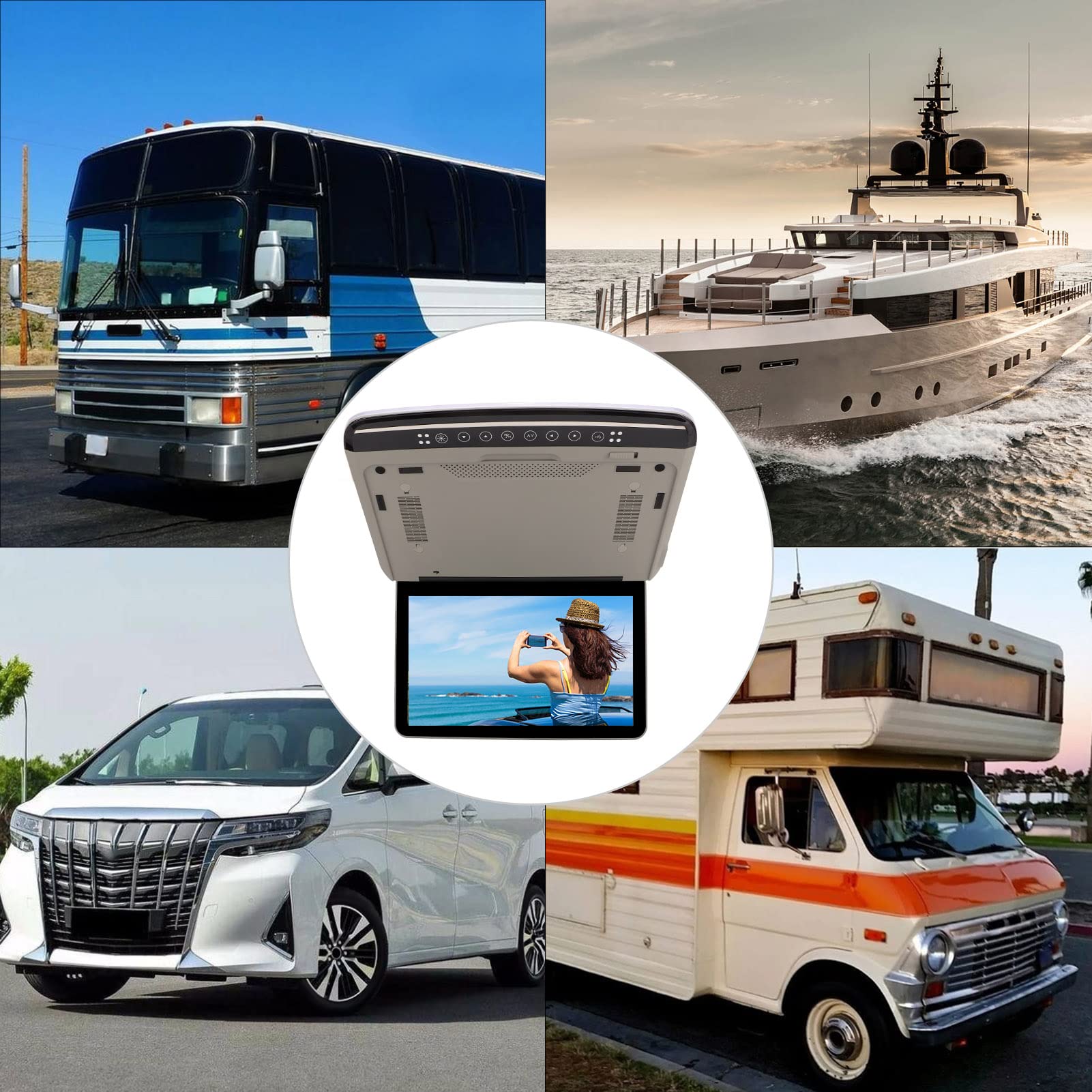 PUSOKEI TV pour Voiture, Moniteur de Voiture 13,3 Pouces avec écran de Lecteur de Voiture 1080p, écran monté sur Le Toit avec Lumière Bicolore pour Bus, SUV, Angle Réglable (Gris)