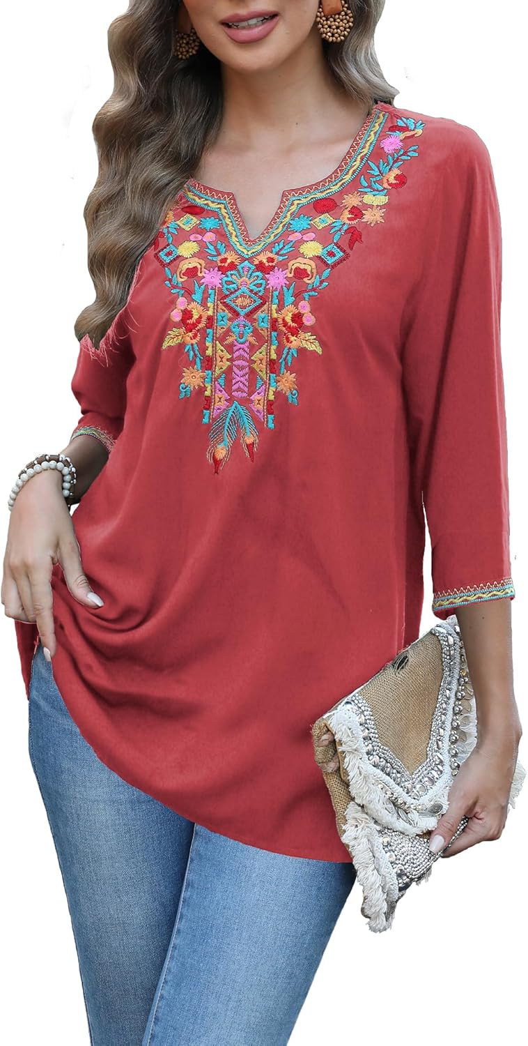 Grosy 3/4 Sleeve Embroidered Mexican Tunic Tops for Women Plus Size Boho Peasant Blouses Bohemian Tunics Hippie Shirts - Image 3