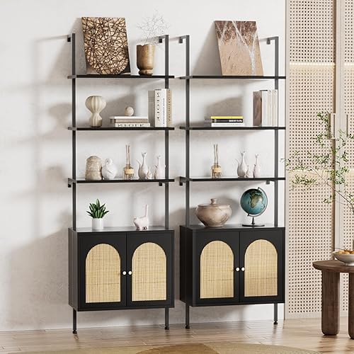 Miniatura 17 de Estantería de escalera con gabinete, estantería de pared de 71 pulgadas de alto con estantes y almacenamiento, estante de escalera estriado con