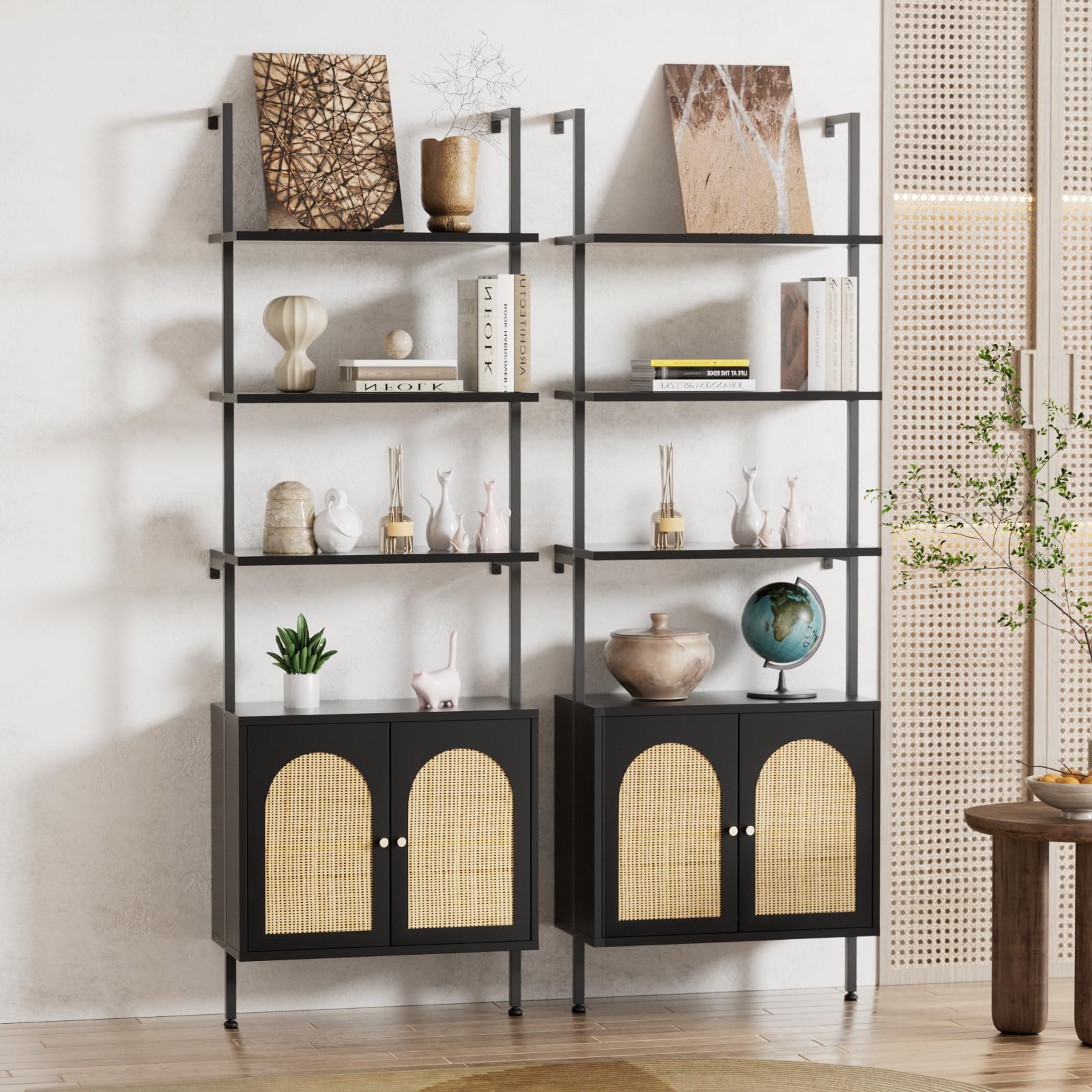 FiveWillowise Set of 2 Tall Bookshelf with Storage, 6 Tier Ladder Bookshelf with Rattan Cabinet, Wall Mounted Bookcase with Doors & Metal Frame for