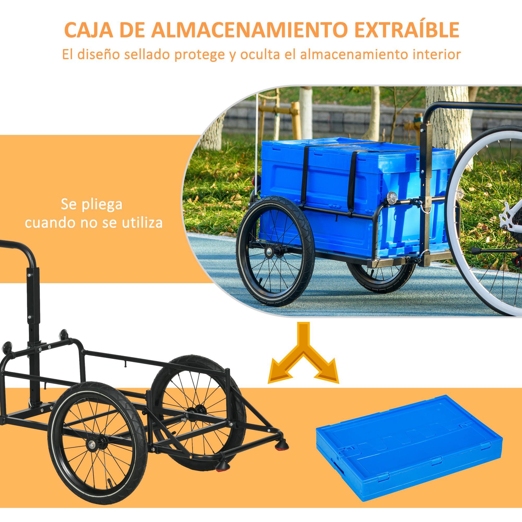 HOMCOM Remolque para Bicicleta de Carga 65 L Remolque para Bici Carro para Bicicleta con Mango Ajustable Caja de Almacenamiento Plegable y Reflectores Seguros Carga 40 kg Azul