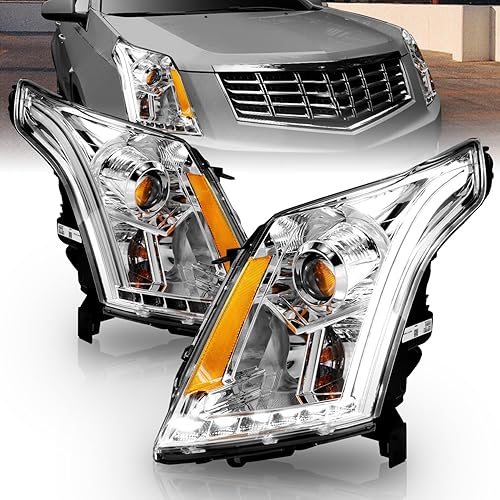 AmeriLite Chrome Projector Replacement Headlights Plank LED Bar Set for 2010-2016 Cadillac SRX Halogen Bulb Version only - Passenger and Driver Side
