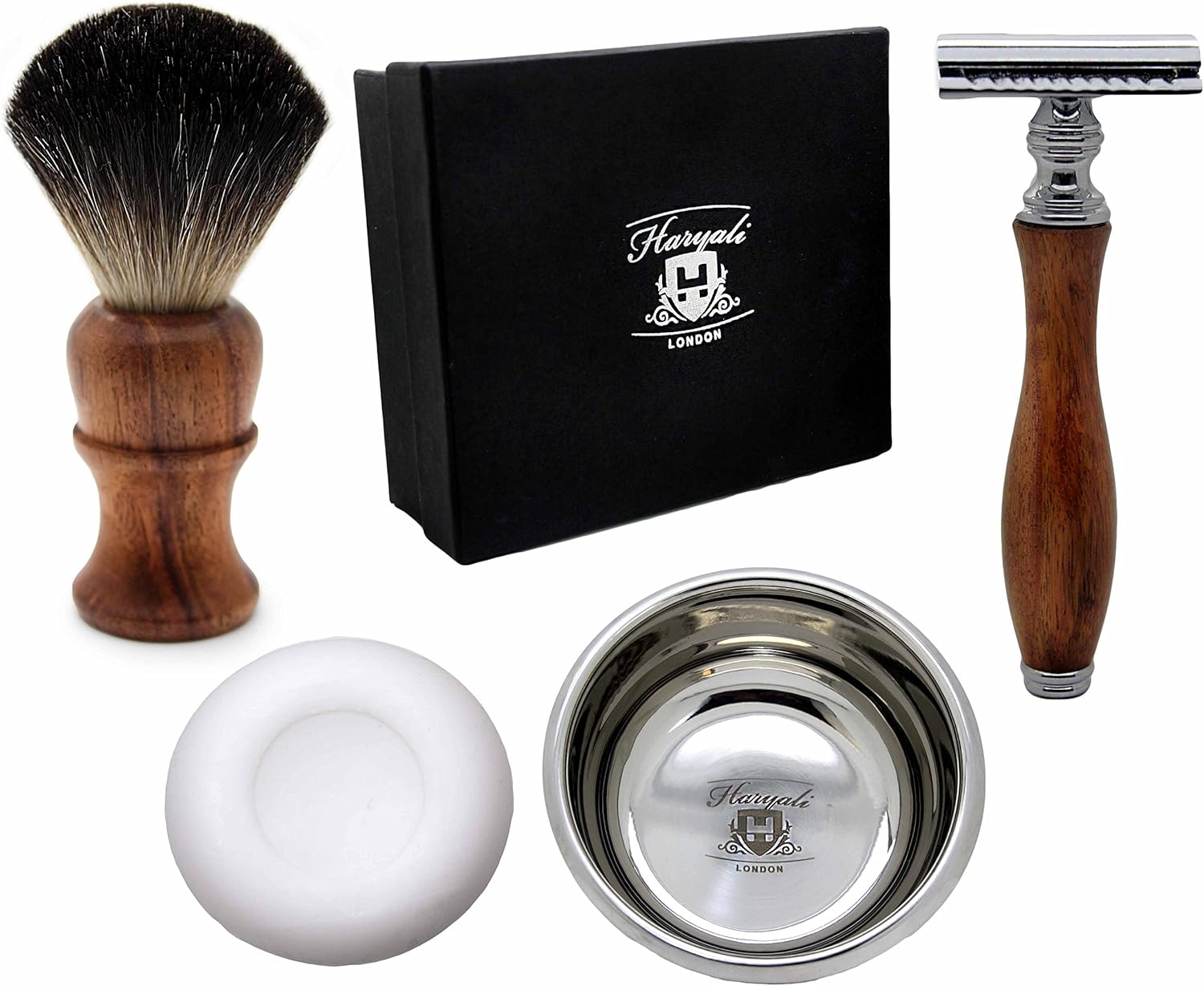 4 Pieces Men's Wooden Shaving Set. Set Includes Pure Black Badger Hair (No Blades Included) Soap & Bowl