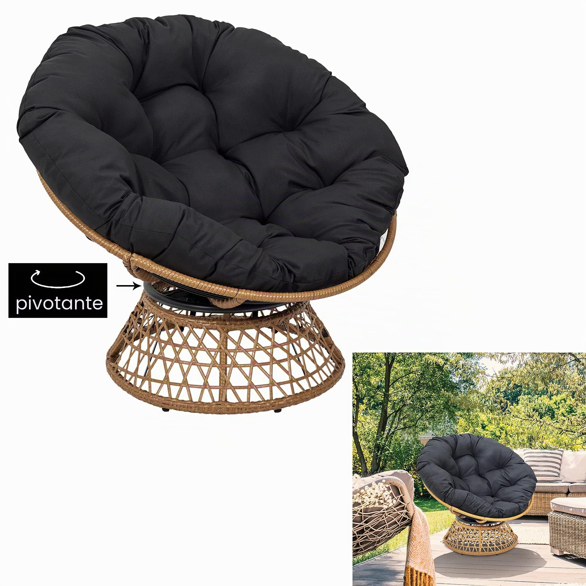 HOME DECO FACTORY, Poltrona girevole per esterni, sedia Relax rotonda, 1 posto girevole a 360°, cuscino spesso grande comfort incluso, mobili da giardino per amenagement balcone, terrazza salotto da