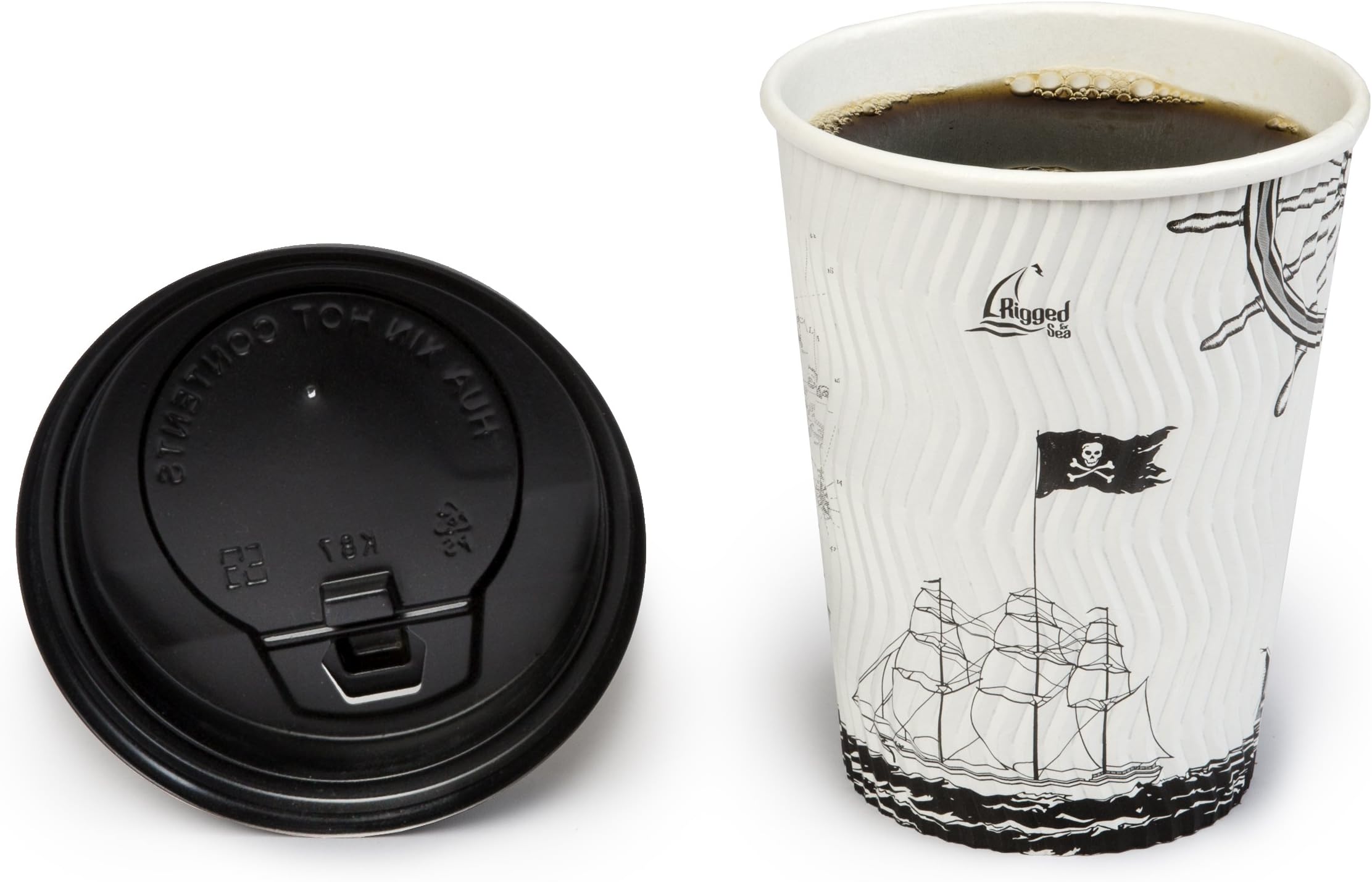 Nautical Ships And Pirate Art- Premium 12-Oz Ripple Wall Hot Paper Cups With Lids - Disposable Coffee Cups – 50 Count