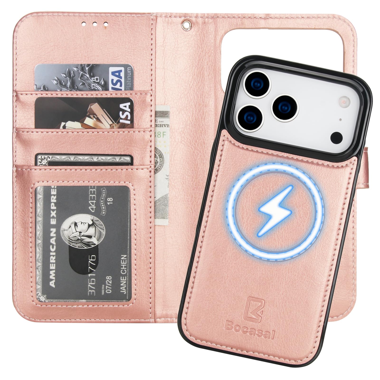 Bocasal for iPhone 17 Pro Max Wallet Case Compatible with MagSafe Wireless Charging, RFID Blocking Magnetic Leather Case with Card Slots Holder Kickstand Detachable Wrist Strap 6.9 Inch (Rose Gold)
