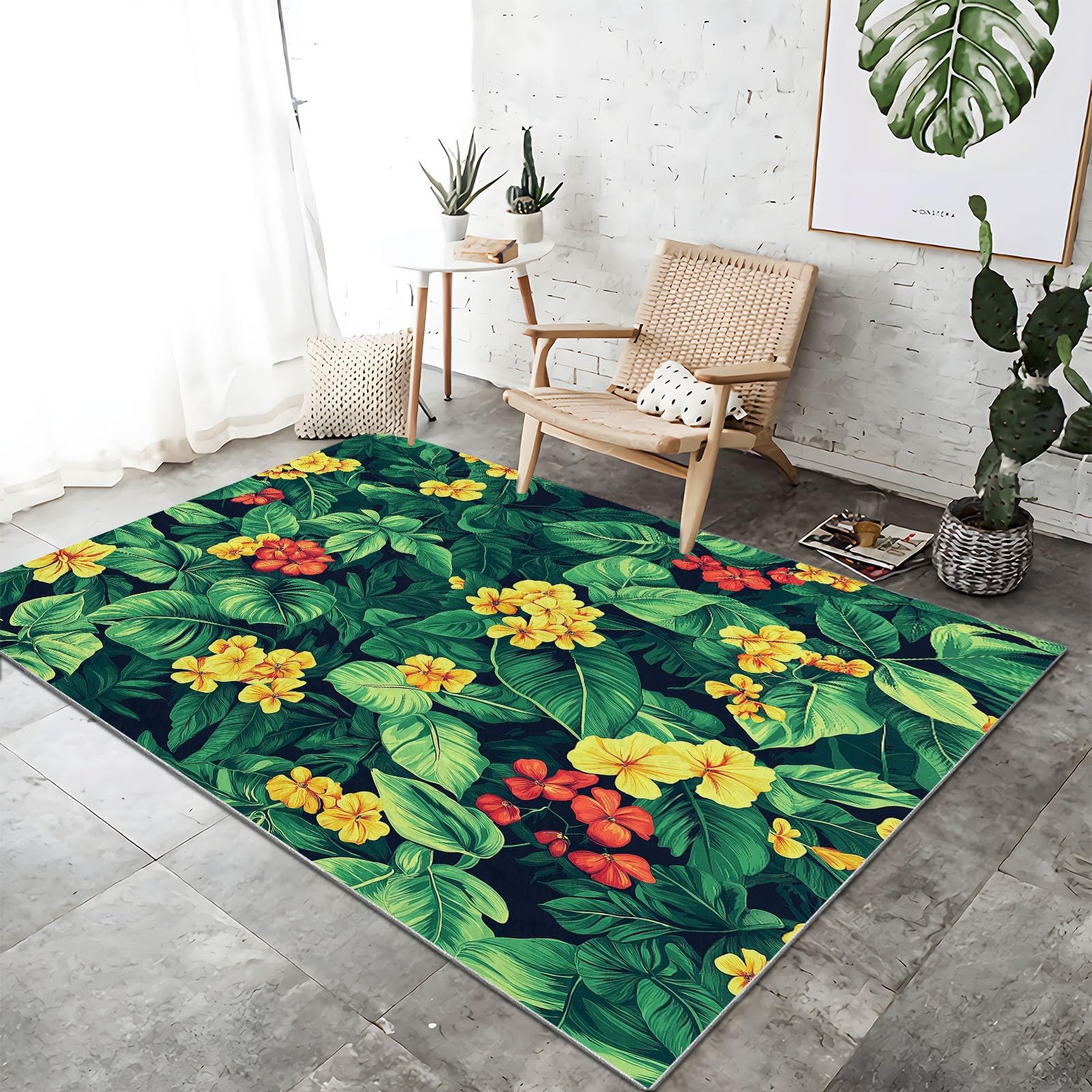 Tapis lavable en machine antidérapant motif feuilles tropicales