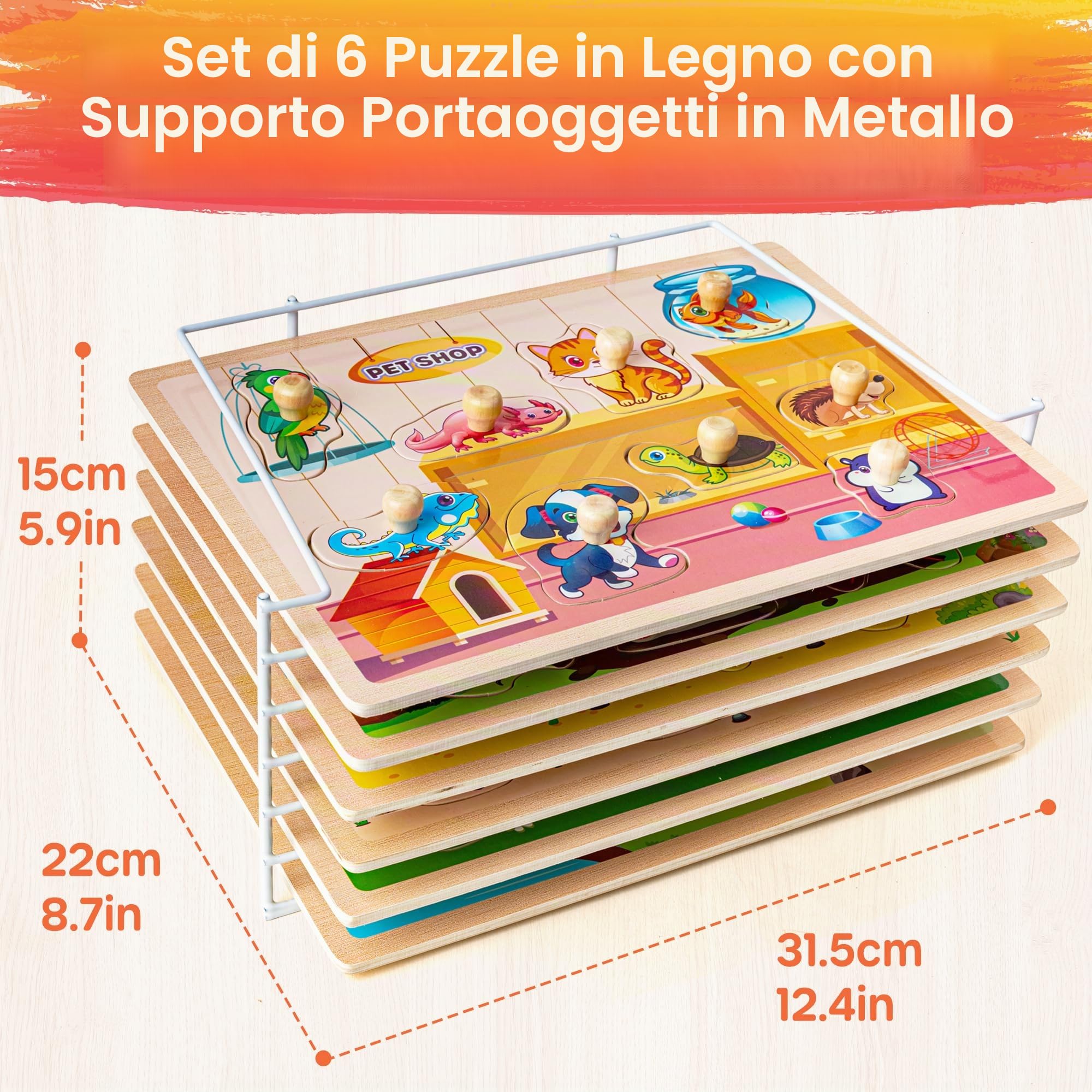 SYNARRY Puzzle in legno per Toddlers 1-3, 6 puzzle Animals per Toddlers