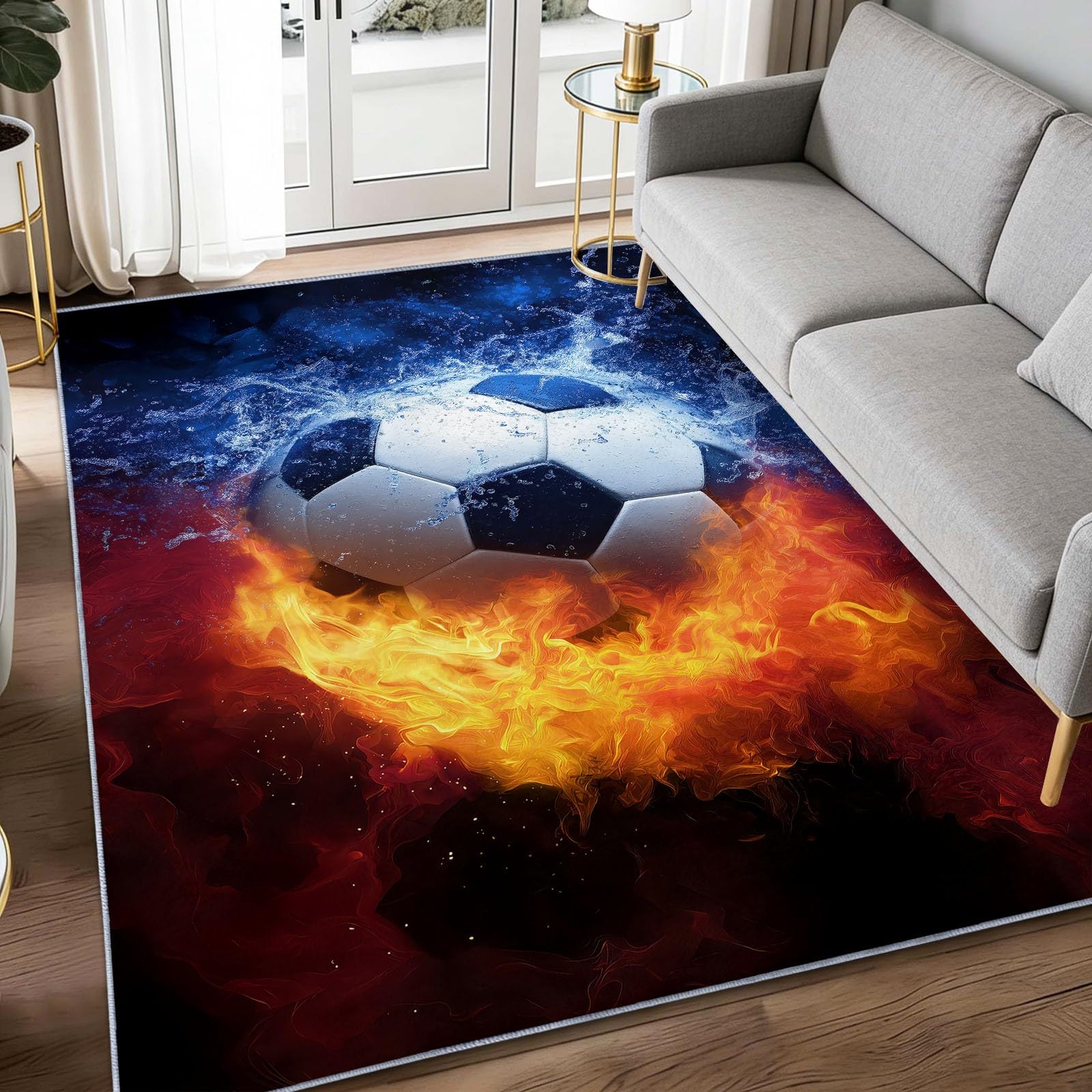 Generisch Fantasy Sport dywan z motywem płomienia do salonu, 120 x 170 cm, do pokoju zabaw, pokoju dziecięcego, na siłownię, do kuchni, antypoślizgowy, ciemnoniebieski, miękki, z krótkim włosiem