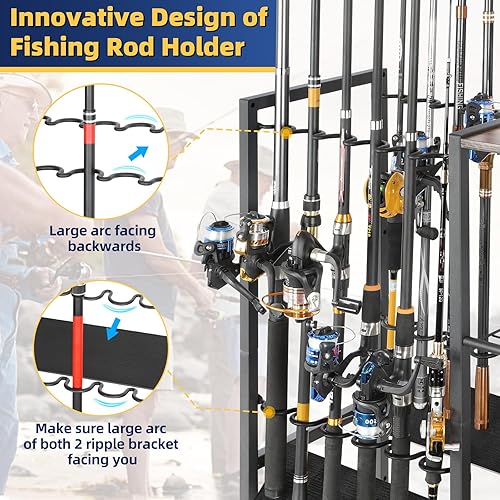 Vista 12 de Olakee Soportes para caña de pescar para garaje, estante para caña de pescar, organizador de equipo de pesca, carrito de aparejos para esquina