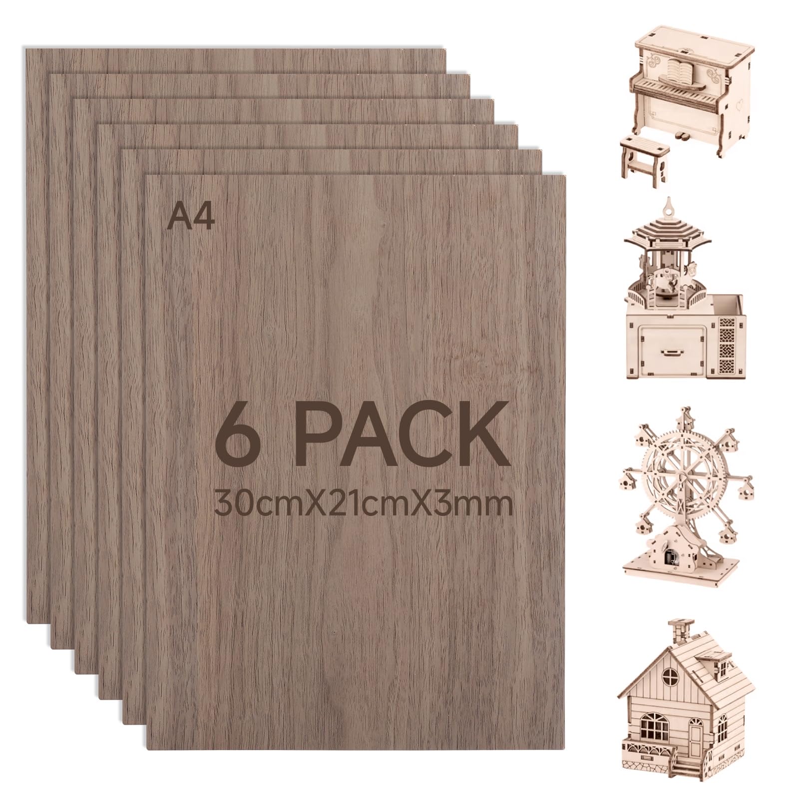6 arkuszy sklejki, 3 mm, 300 x 210 mm, sklejka, orzech włoski, drewno, sklejka laserowa, 3 mm, płyta drewniana do majsterkowania, modelarstwa, grawerowanie laserowe, rzeźbienie w drewnie CNC, 6 szt