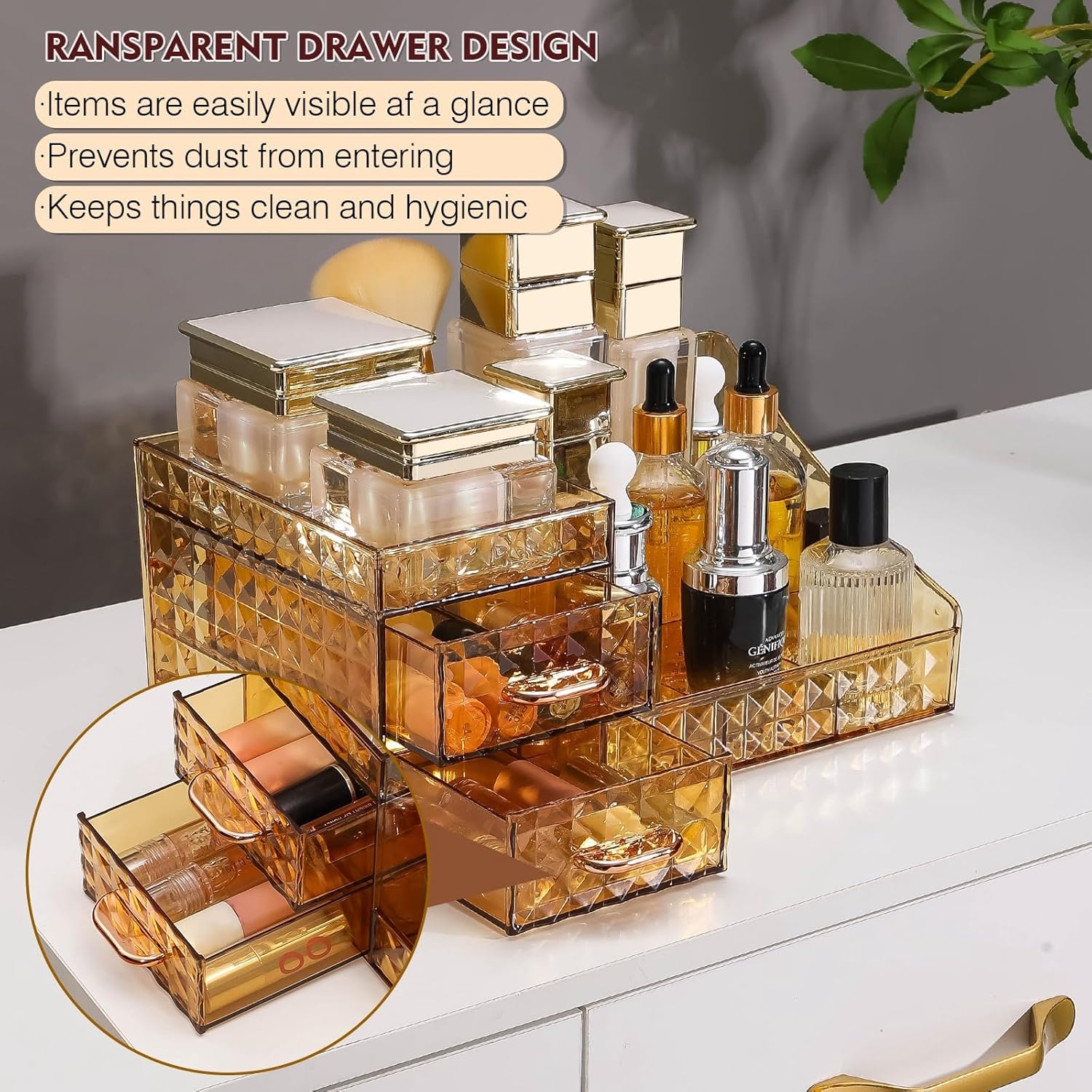 Clear Makeup Organizer for Vanity,Desk Makeup Caddy With Drawers for Cosmetics,Lipsticks Nail Care Skincare Jewelry Countertop Organizers,Cosmetic Display Cases for Bathroom, Dresser (Amber) - Image 7