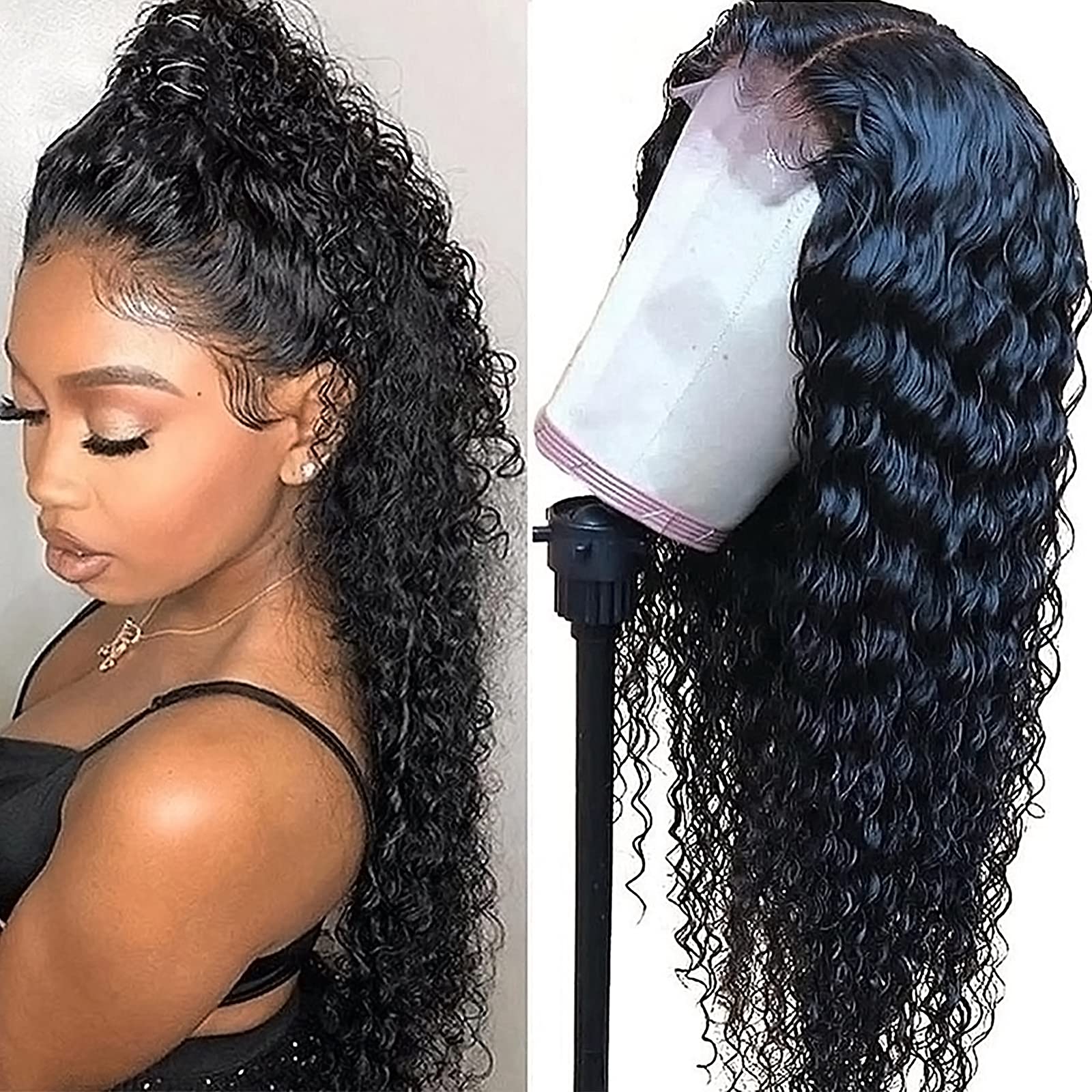 Long Natural Curly Deep Wavy Wig Cap Heat Resistant Fiber Wig Black Women Natural Black 23 Inch Wig Everyday Wear Dating Halloween Christmas Available
