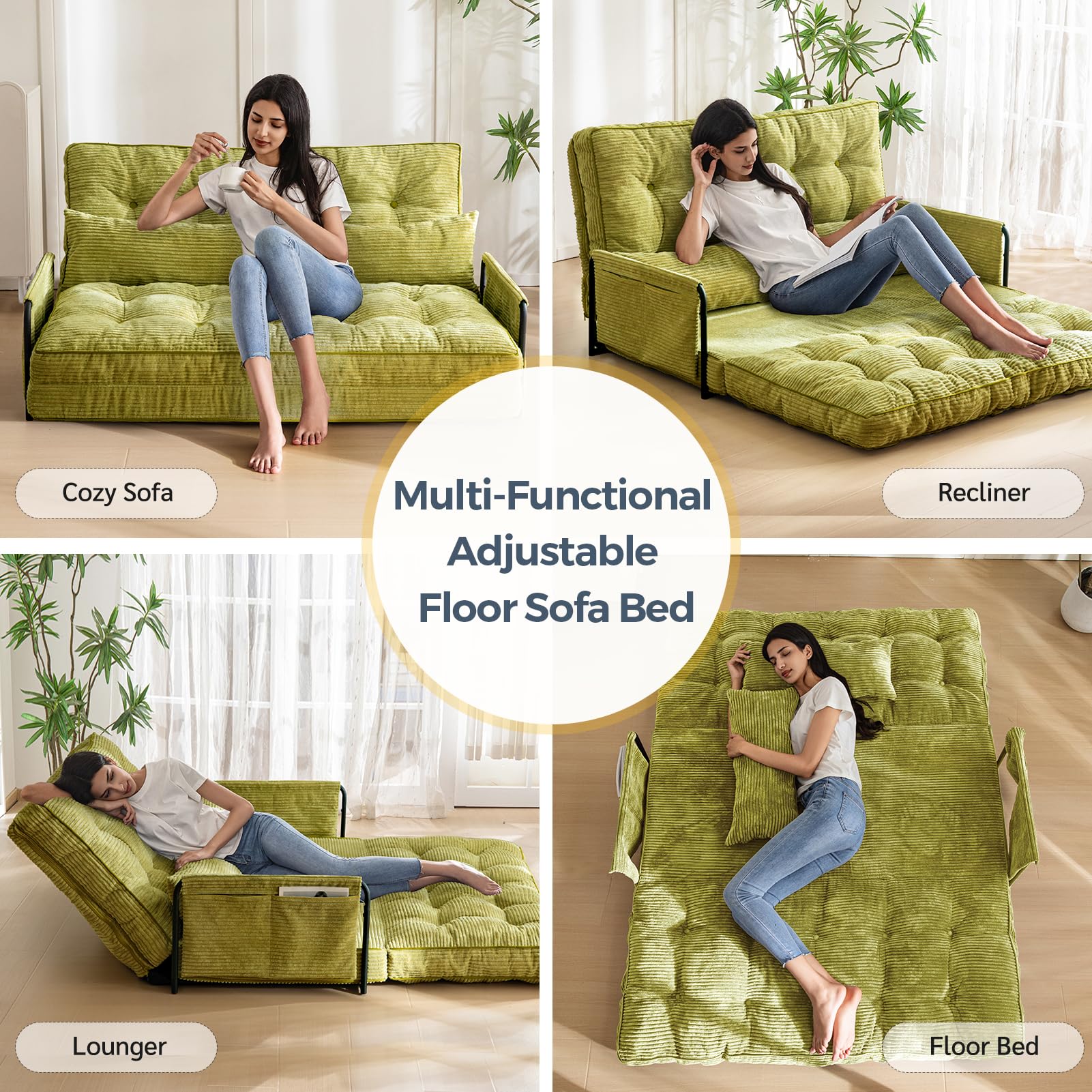 MAXYOYO Regulowana sofa rozkładana z 2 poduszkami, wielofunkcyjna sofa do spania, 5-pozycyjna rozkładana sofa z podłokietnikami, uniwersalne siedzisko do czytania