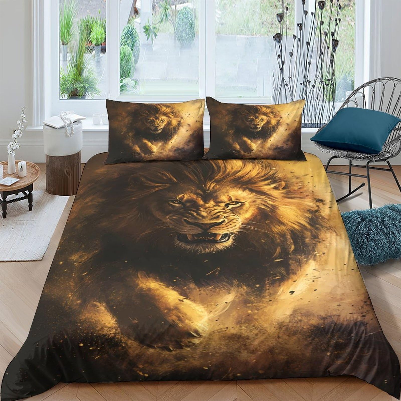 3D Printed Lion Duvet Cover Microfiber Soft Breathable Golden Jungle Bedding Set with 2 Pillowcases for Bedroom Decor Single（135x200cm）