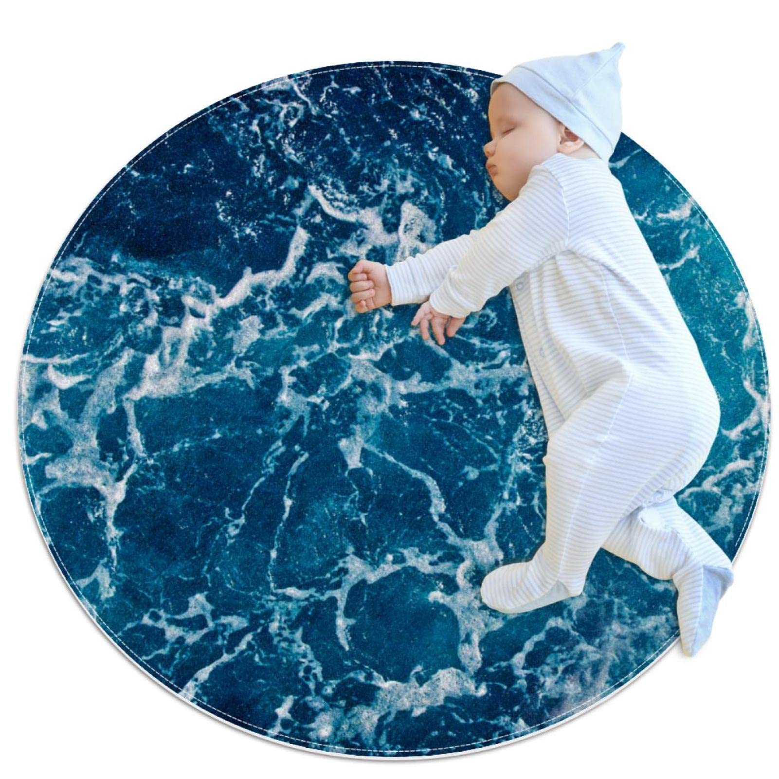 Tapis rond vague de mer bleue JDEZ 100x100cm pour decoration de chambre ou salon chaleureux