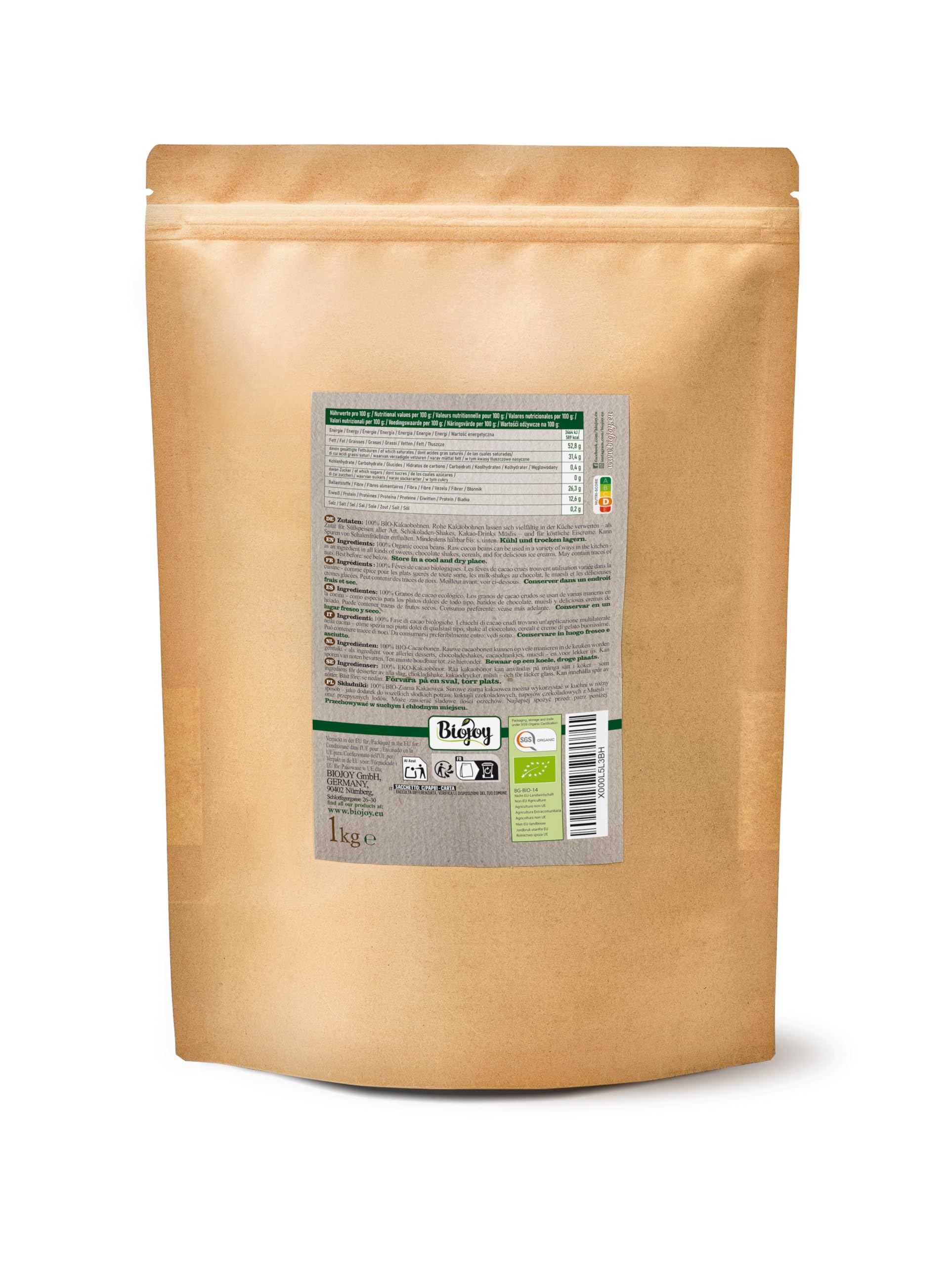 Biojoy BIO-Ziarna kakaowca 1 kg surowe całe bez dodatku cukru Theobroma cacao