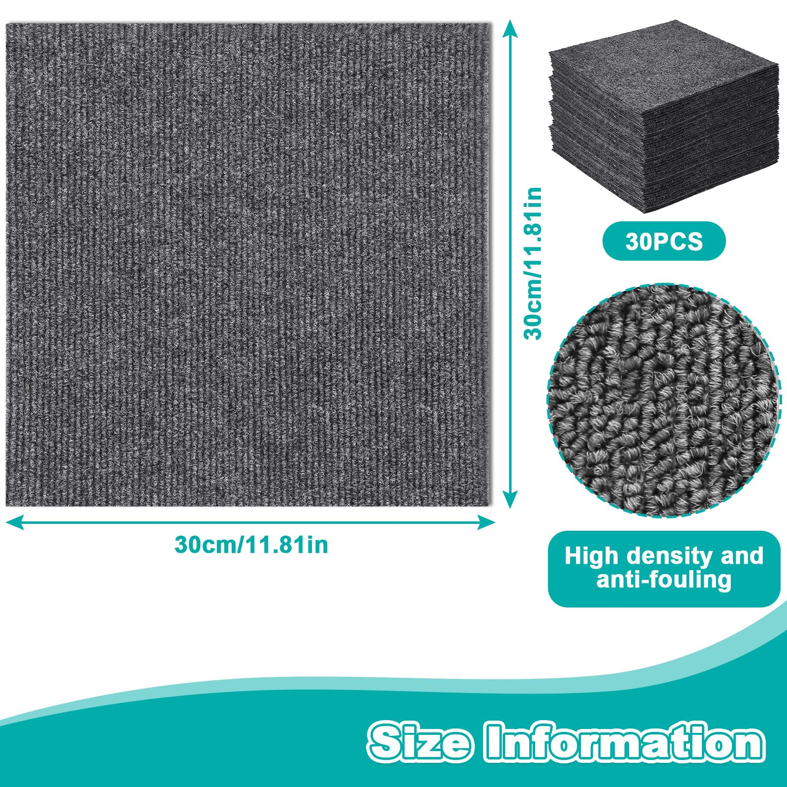 30Pcs Alfombras Suelo Autoadhesivas, 30x30cm Moquetas Azulejos Gris Oscuro Lavables Fácil de Pelar Pegar, Alfombrillas Baldosas Cuadradas Adhesivas Antideslizantes para Salón, Dormitorio, Oficina