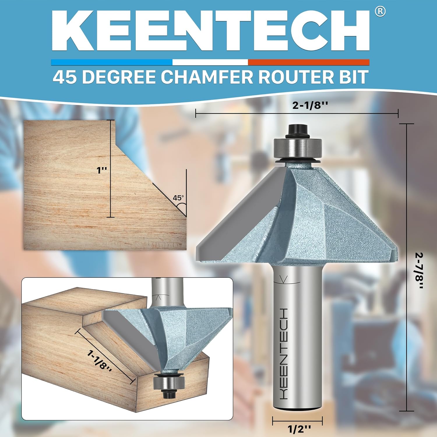 KEENTECH Router Bits, Carbide Tipped 45 Degree Chamfer Router Bit for Edge Forming, Industrial Grade Blue Cutting Tools for Woodworking (1/2 Inch Shank x 1-1/8 Inch Bevel x 1 Inch Depth, KT02031808)