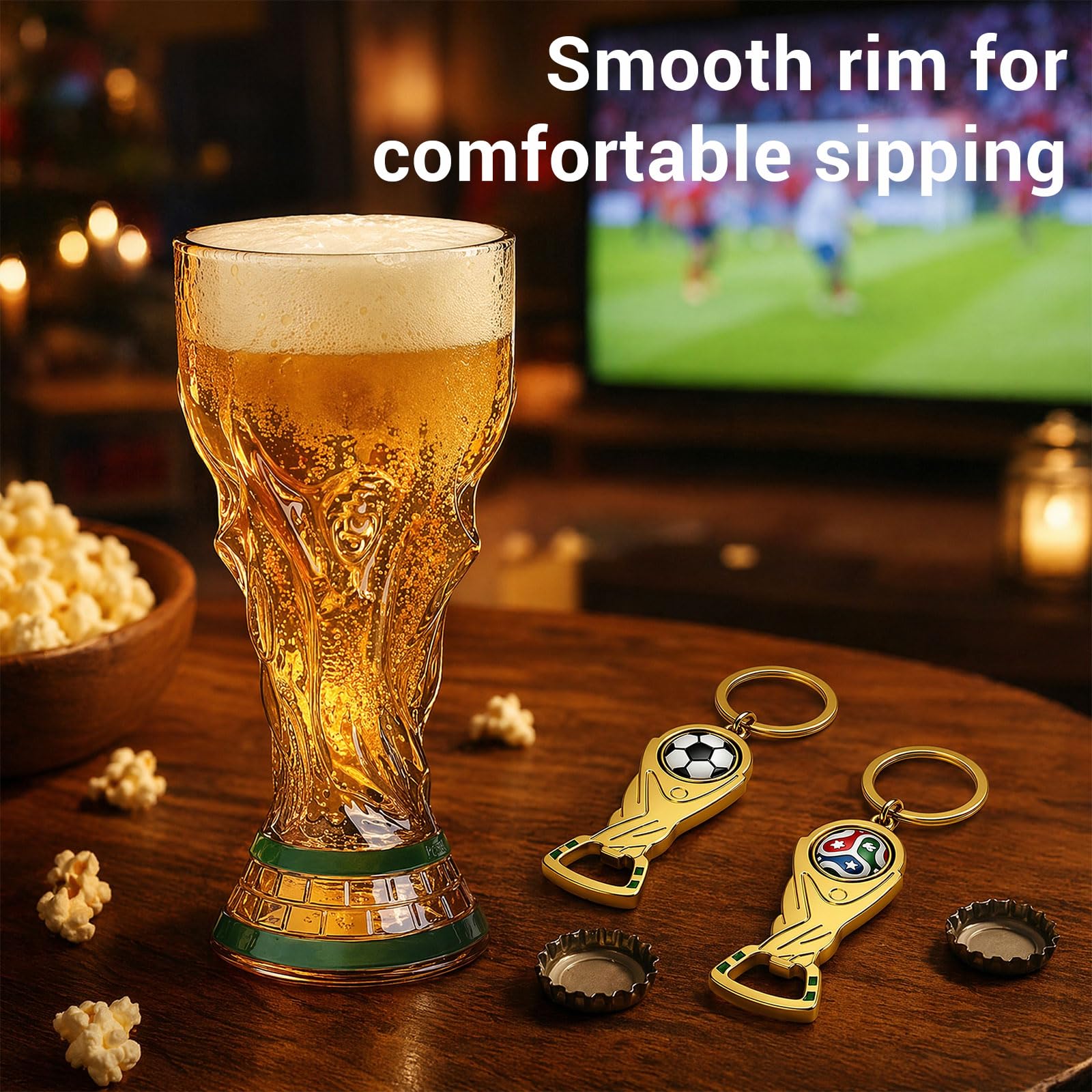 Chope à bière de football 500 ml avec 2 décapsuleurs porte-clés – Verre à bière design coupe à bière aspect métal avec poignée – Article de fan pour les fêtes publiques – Cadeau pour les fans de