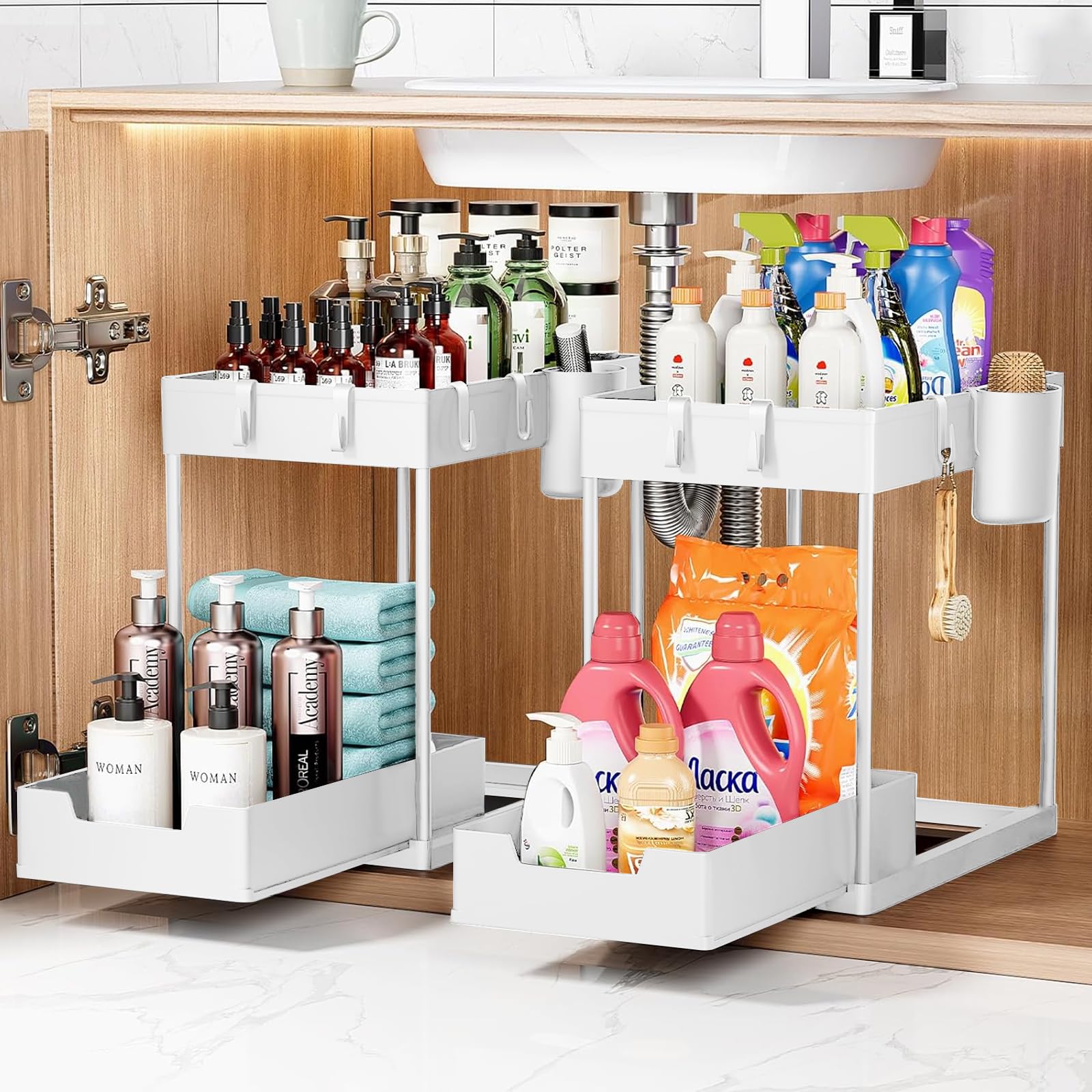 KOOSREEL 2 Tier Under Sink Storage Organizer, Drawer Pull Out Kitchen Shelf, Spice Rack, Multifunctional Storage Basket for Bathroom – White, 2 Pieces