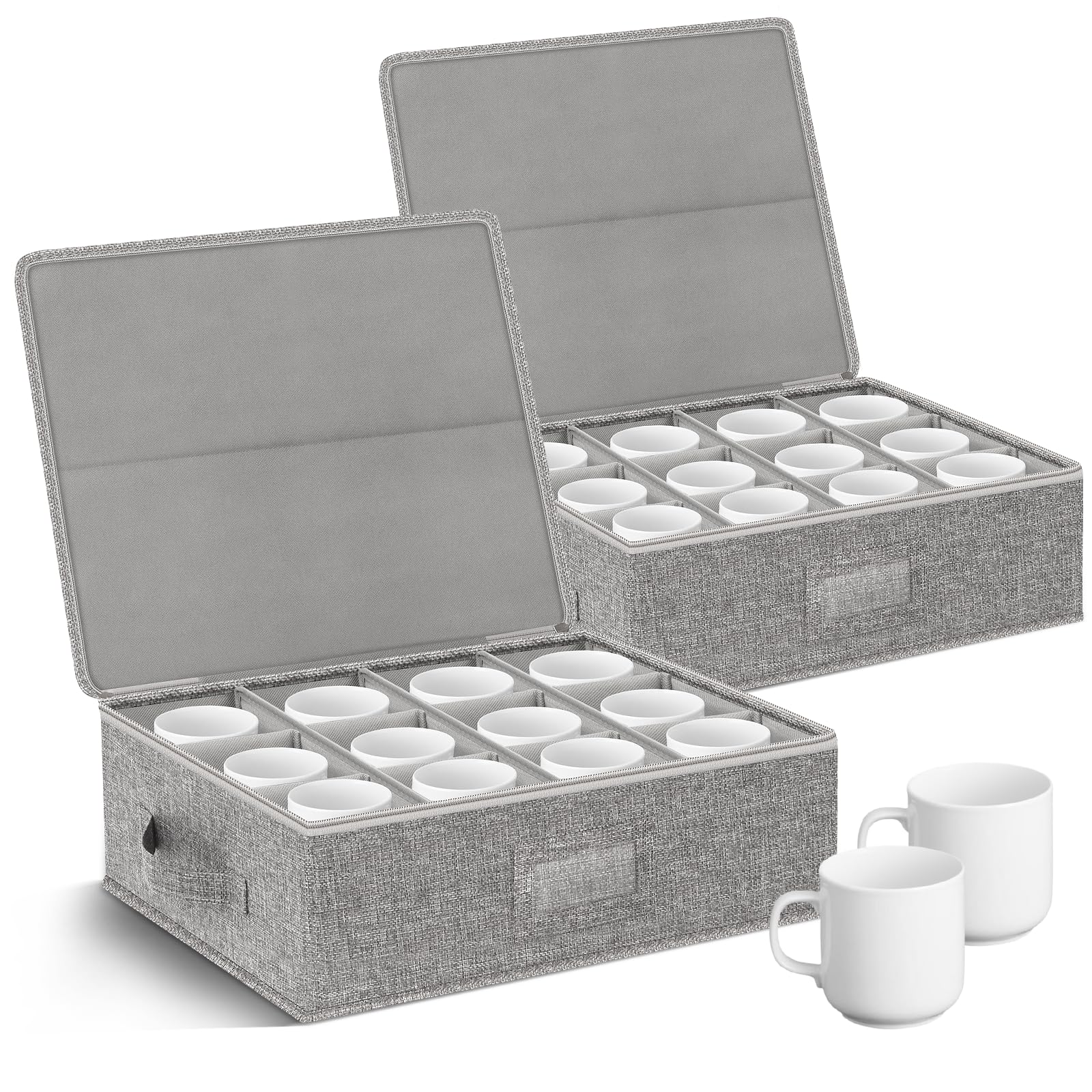 Kukikan Grey 2 Pack Cup And Coffee Mug Storage Box With Dividers, Hard Shell China Storage Containers Holds 24 Coffee Mugs And Tea Cups, Stackable Mug Organiser With Sturdy Lid And Handles For Moving And Packing