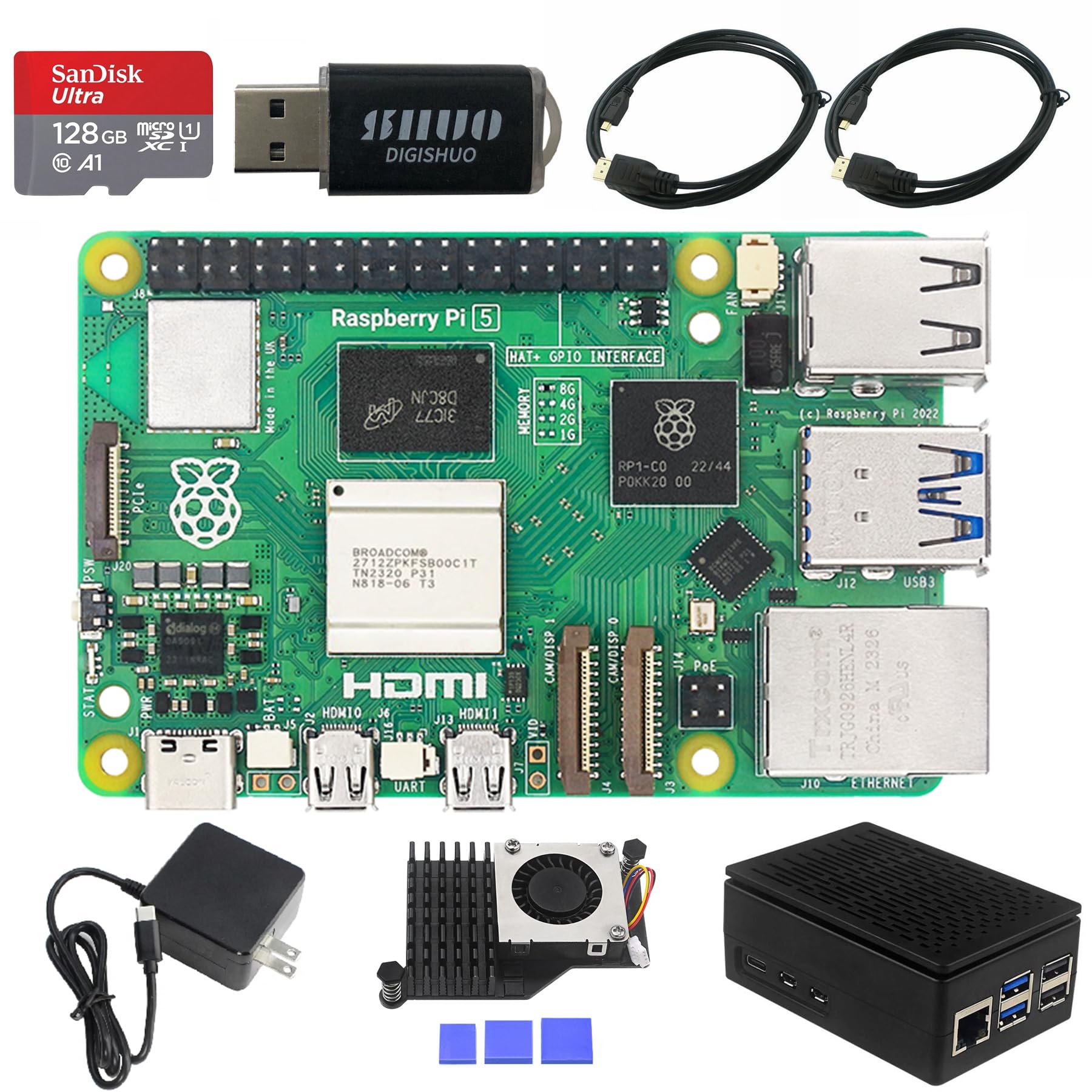 DIGISHUO Raspberry Pi 5B Model B 8GB RAM DIY 8 in 1 Kit | Black Case | Pi 5 Active Cooler | San Disk 128G SD Card Micro-SD | 2X Micro HDMI Cable | Sufficient 5.1V 5A Power Supply