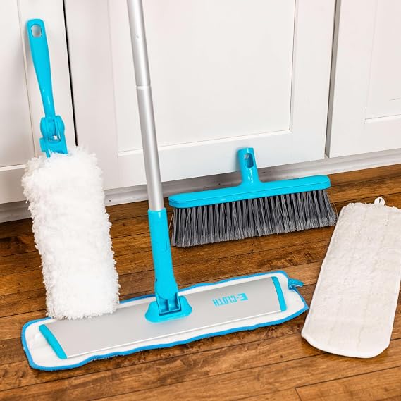 E-Cloth Easy-Click Home Cleaning Supplies Set - Dust Broom & Flat Mop Kit for Floor Cleaning, Wall, Ceiling, Floor Duster, Adjustable Handle, Interchangeable Heads, Washable Pads, No Refills Needed