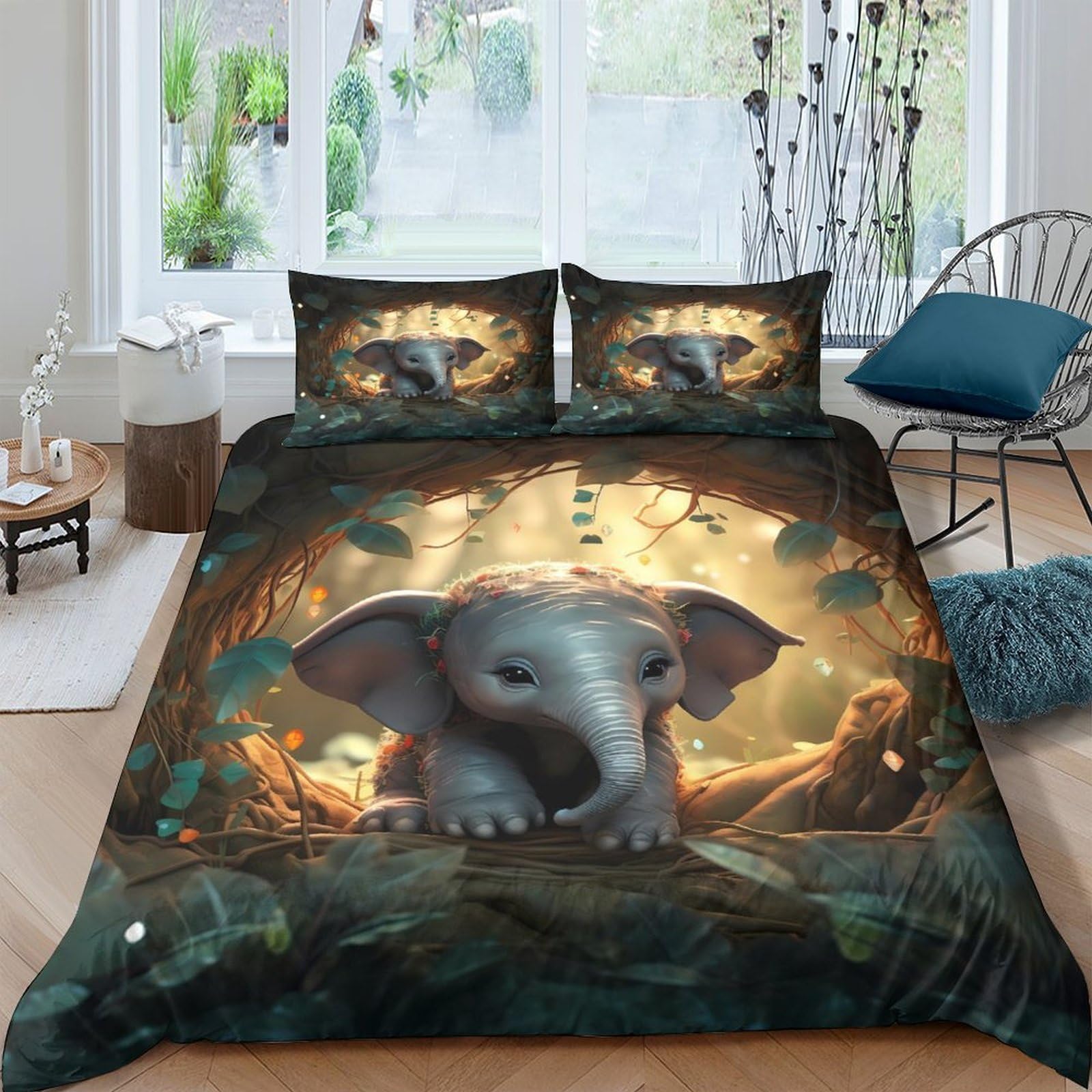Ctjqhvkz Style-2 3D Printed Elephant Forest Fitted Sheet Microfiber Soft Decor Animal Jungle Bed Cover For Bedroom Guest Room Single（135X200cm）