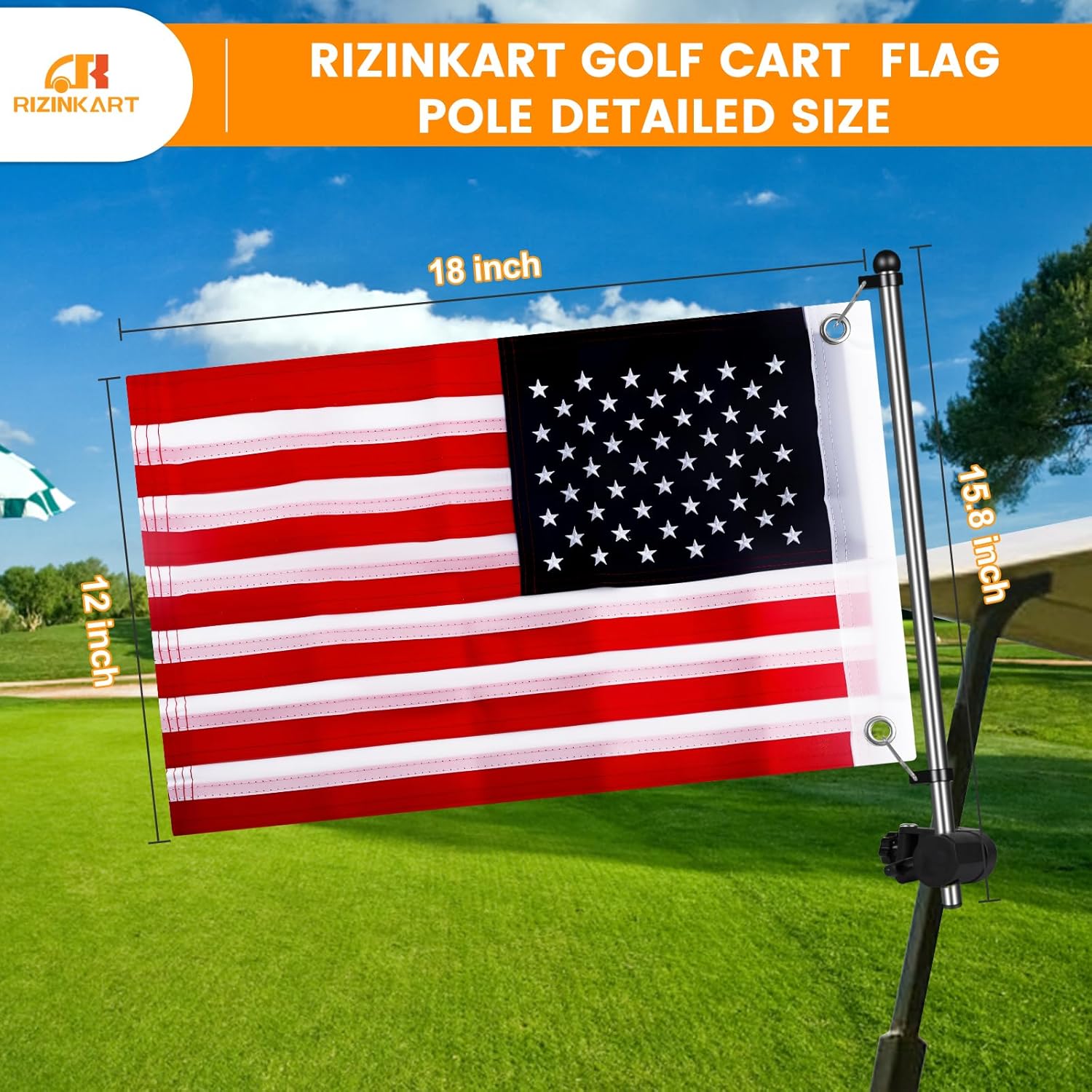 2Pcs Golf Cart Flag Pole Kit, 360° Adjustable Golf Cart Flag Holder, Universal Fit for Golf Cart/Boat/ATV/UTV, Stainless Steel Flag Pole with USA Flag (12"×18"), for 0.59"-1.25" Round/Square Rail