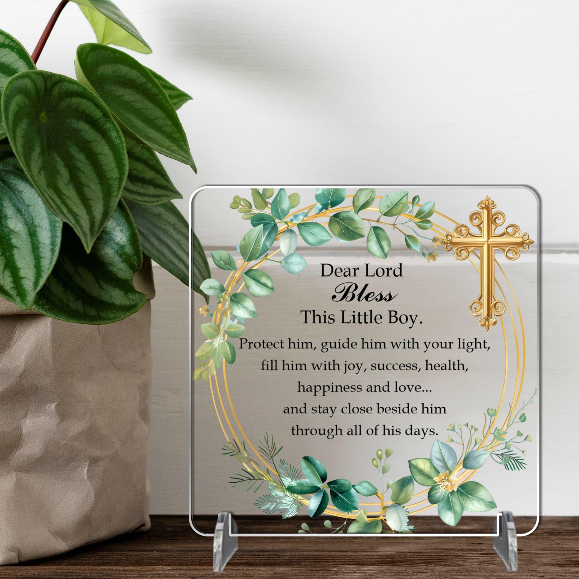 Baby Blessing Plaque | Christening Baptism Gift | Religious for Baby Boy or Girl | Godchild Prayer Plaque | Catholic Dedication Gift (Boy - Green Leaf, Acrylic, Medium: 14 cm (H) × 14 cm (W))