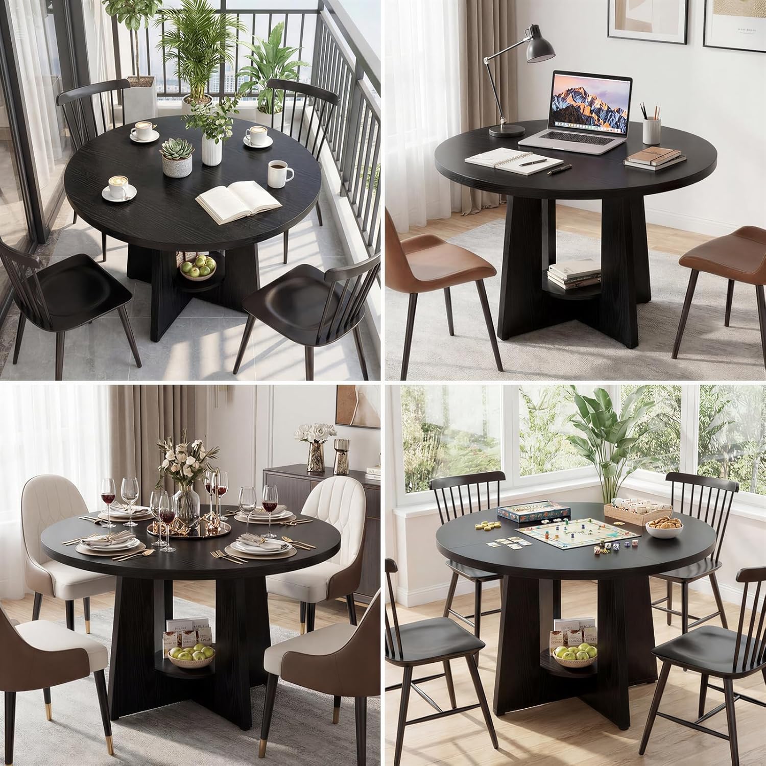 Round Dining Table for 4-6, 47 Inch Black Kitchen Table with Storage Shelf & Wood Pedestal Base, Modern Circle Dining Room Tables for Small Apartment, Home Office, Living Room