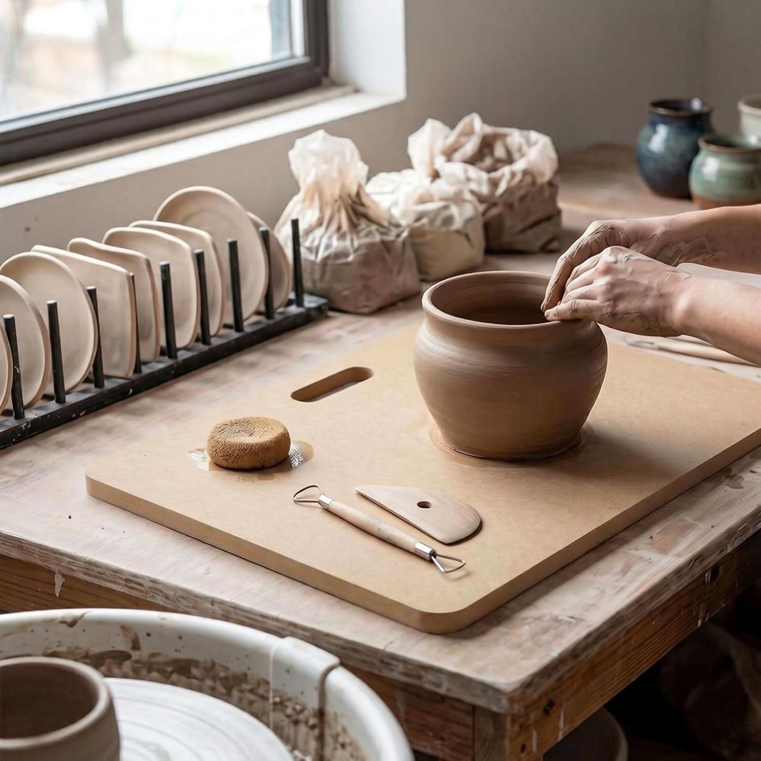 MDF Board, Clay Wedging Board for Pottery - Medium MDF Clay with Handle, 11.73x17.64 Inch Stable Work Surface for Ceramics & Sculpting, Wedging for Pottery