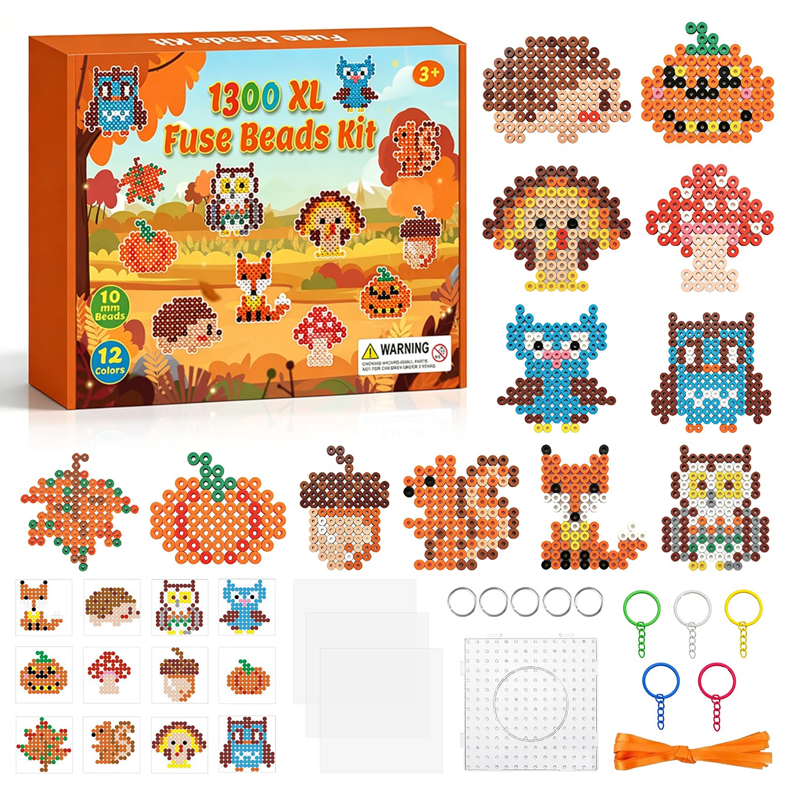 1300 Stück Bügelperlen Groß Herbst Set 10mm XL - Herbsttier 12 Muster | 12 Farben - mit 1 Steckplatte 3 Bügelpapie 5 Schlüsselanhänge - für Kinder ab 3 Jahren - herbst basteln Kreative Geschenk