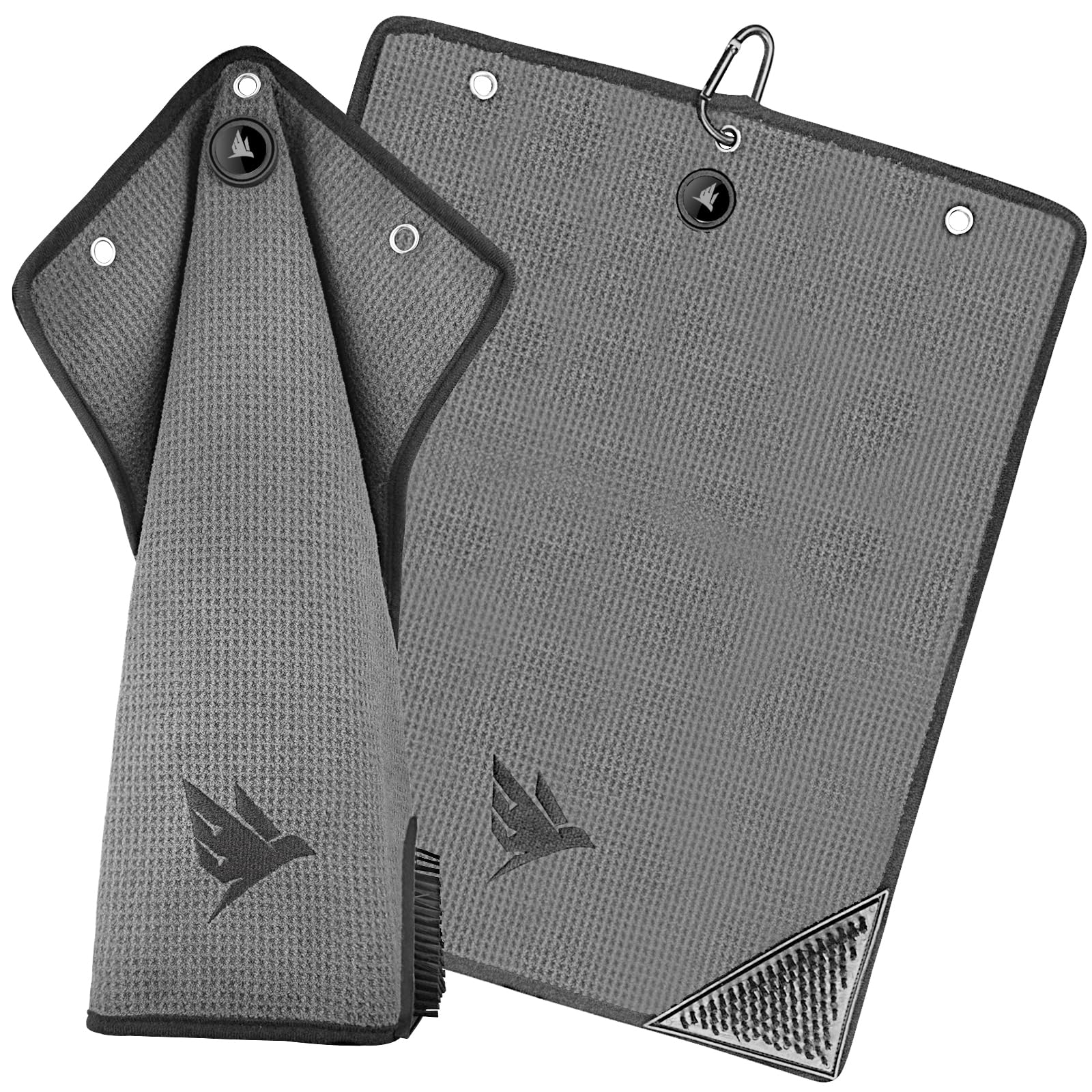 SWIFTEE Ultimate 4-in-1 Premium Golf Towel with Built-in Brush, Magnet, Ball Marker & Carabiner - 760GSM Microfibre Waffle Towel with Inner Wet Dry Liner (Grey)