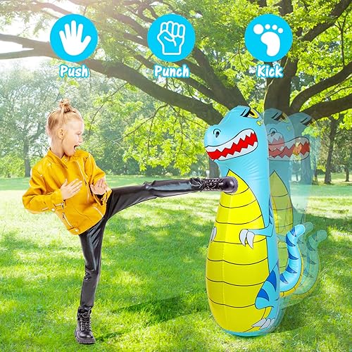 Miniatura 3 de EQARD Saco de boxeo para niños de 47 pulgadas inflable de dinosaurio con material 40% más grueso, rebote instantáneo con guantes de boxeo, karate,
