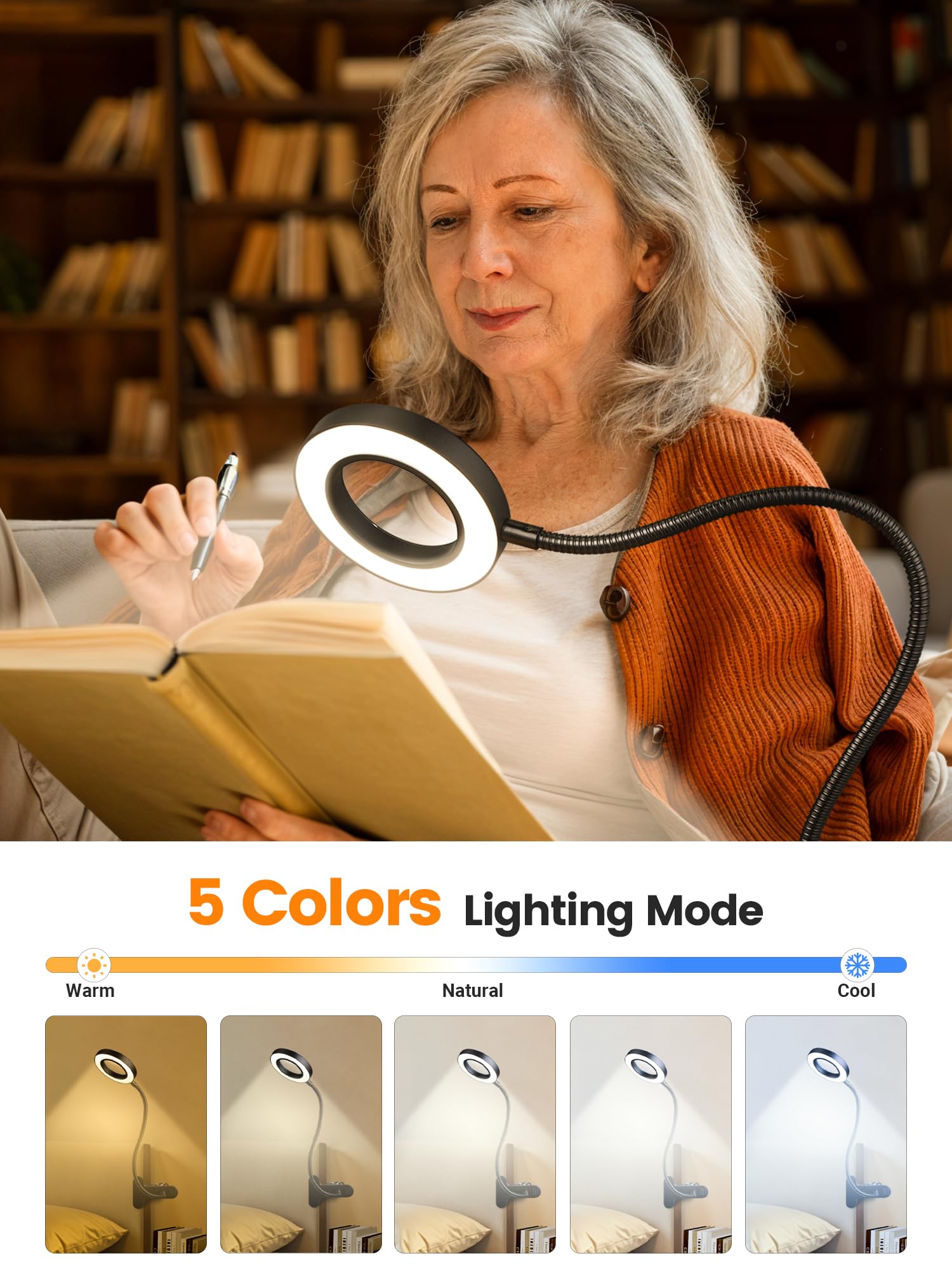 Lupa de 10 aumentos con luz, 3 colores + lámpara de lectura de 10 brillo, lupa de 58 LED con luz, lupa iluminada de 750 lúmenes para leer, lámpara de clip para escritorio, cama, trabajo, uñas