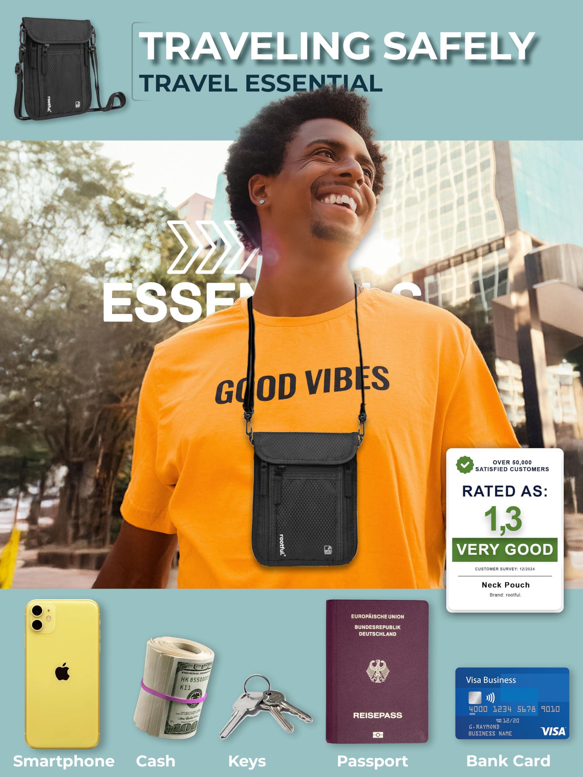 rootful.® Portadocumentos de Viaje RFID – Cartera de Cuello Impermeable con Correa Ajustable, para Pasaporte, Documentos, Dinero, Smartphone y más, con 6 Bolsillos para Hombre y Mujer
