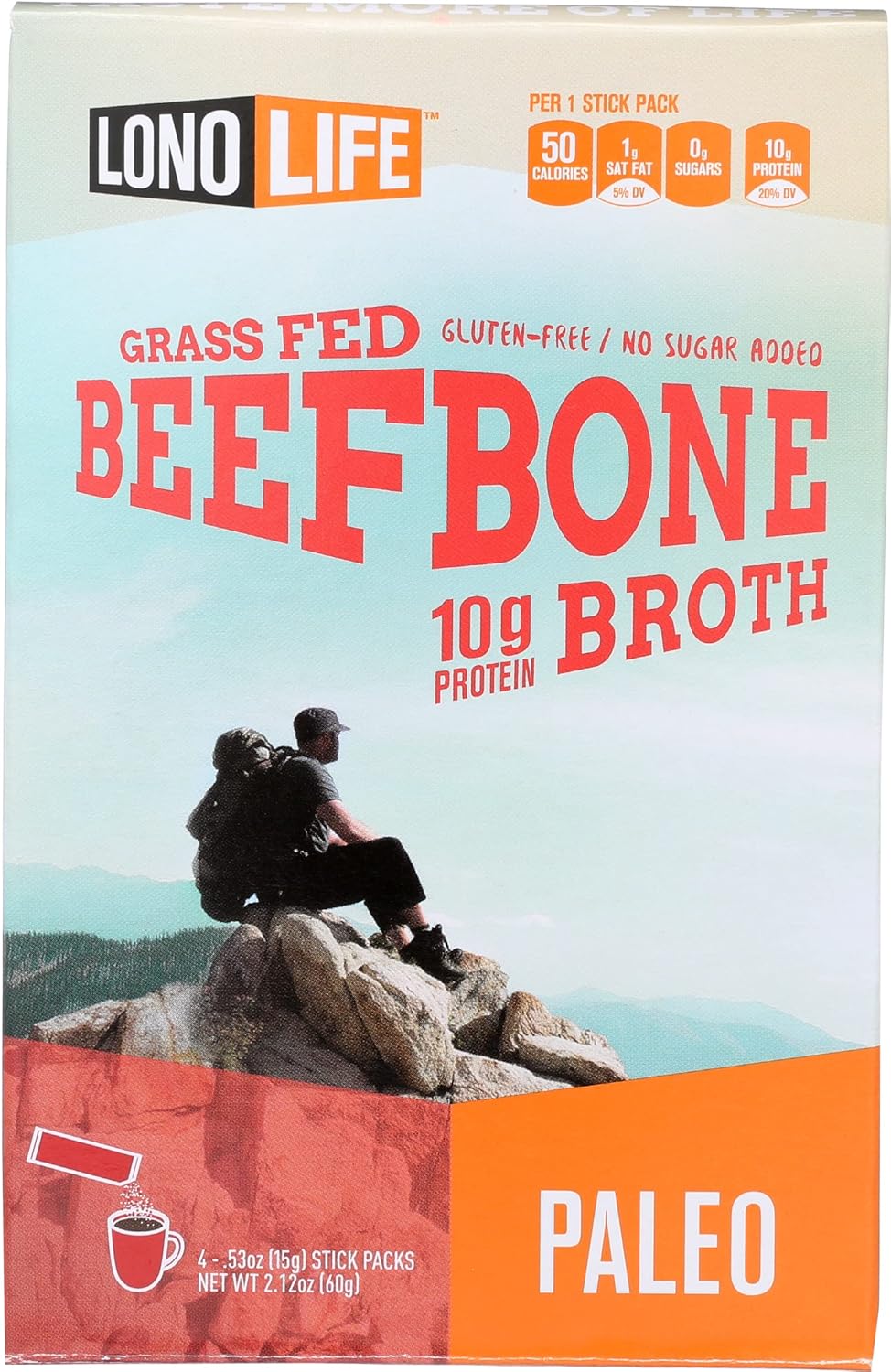LonoLife Grass Fed Beef Bone Broth Sticks, Paleo Friendly, Gluten Free, 4 Count, 2.12 Ounce (Pack of 6)