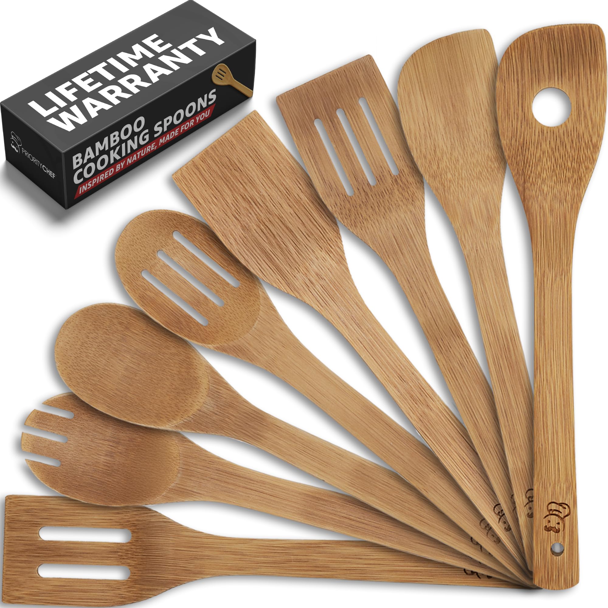 PriorityChef - Cucharas de madera para cocinar, 8 utensilios de cocina de bambú antiarañazos, juego de utensilios de madera no tóxicos, fácil de limpiar, juego de utensilios de cocina para uso diario