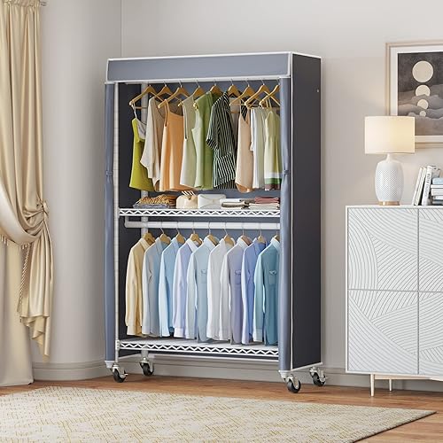 Miniatura 2 de VIPEK V12C - Perchero de ropa resistente con cubierta para colgar ropa armarios portátiles con estantes ajustables de 3 alambres y varillas dobles