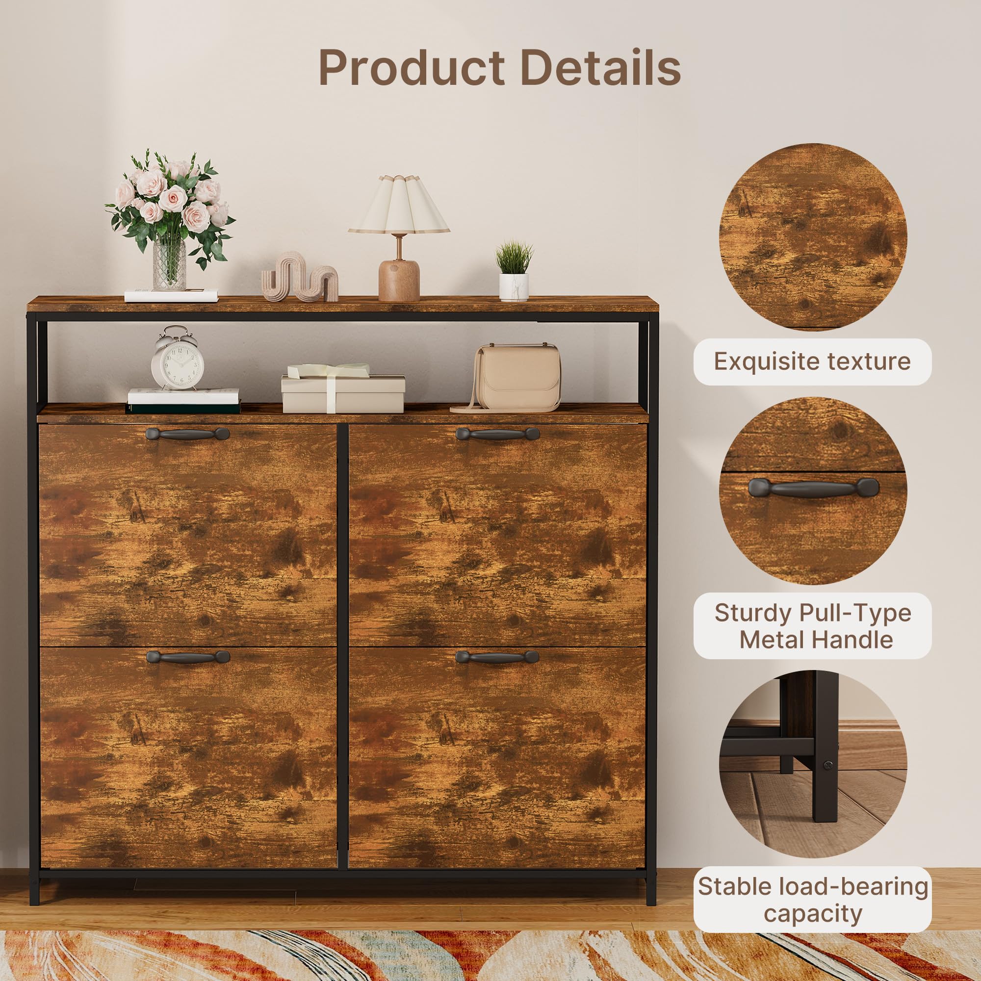 Zapatero con 4 Compartimentos y Estante Abierto, Mueble para 16-24 Pares, Diseño Industrial, Estrecho para Pasillo, Entrada y Salón,Retro | 4 cajones plegables y estantes ajustables, puede contener 12 a 18 pares, armario práctico para entrada y pasillo