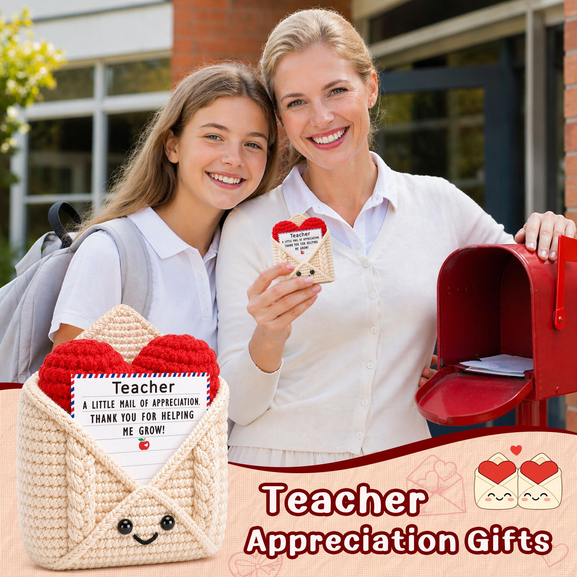 Teacher Gifts, Teacher Appreciation Gifts, Thank You Gift for Teachers Mentor Educator, Gift Idea for Teacher's Day Birthday Graduation Retirement Christmas Valentines, Handmade Crochet Heart Envelope